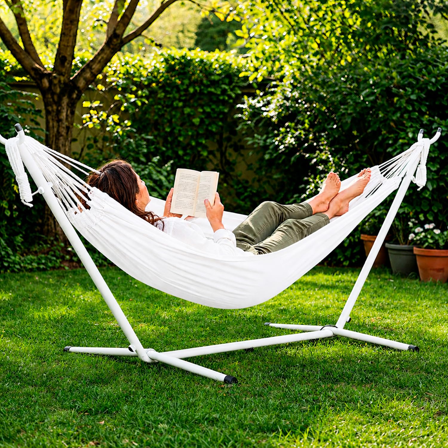 Amaca Da Giardino Con Supporto In Acciaio Portata 200 Kg Altezza Regolabile Telo Cotone Resistente Amaca Brasiliana Esterno Terrazzo Piscina Balcone Con Borsa 265 x 110 x 100 Cm Bianco