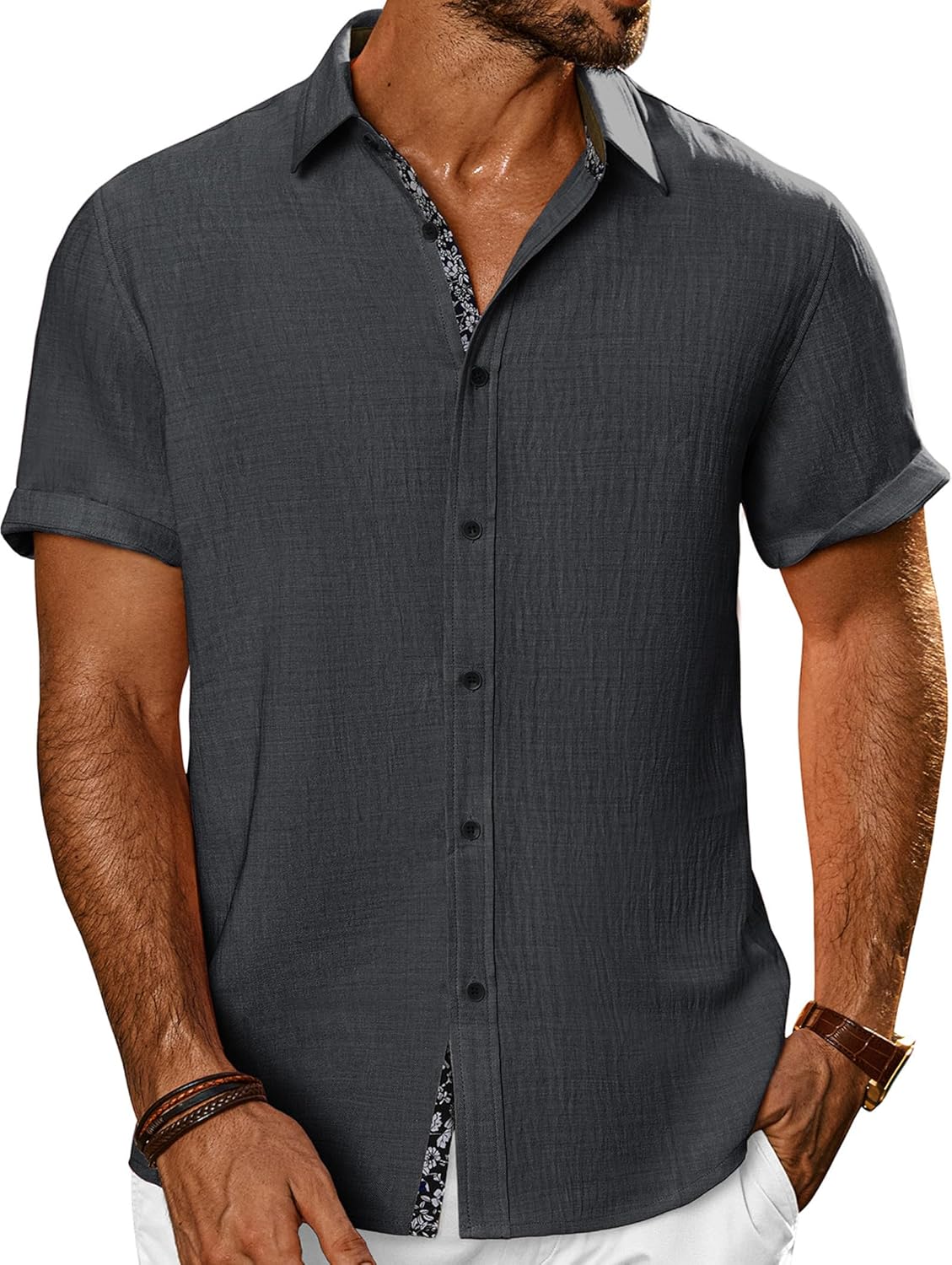 PJ PAUL JONES Men's Button Down Short Sleeve Shirt Casual Summer Beach Textured Wedding Shirts