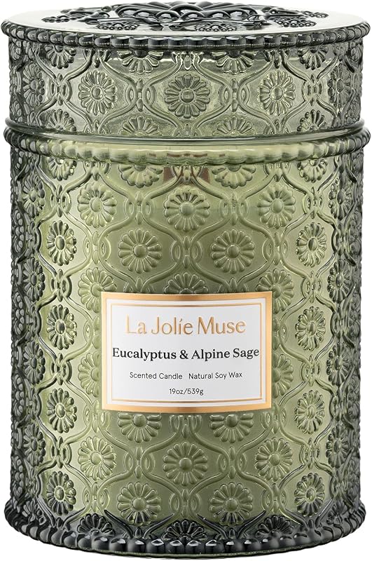 LA JOLIE MUSE Velas perfumadas frescas de eucalipto y salvia para el hogar, 19 oz de cera de soja | Vela de lujo en tarro grande, limpia no tóxica, regalo para mujeres y hombres, vela de aromaterapia relajante, velas decorativas, mecha de madera