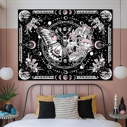 Miniatura 5 de Tapiz de esqueleto y mariposa, calavera rosa, hippie, hongos, tapiz para dormitorio, fase lunar, tapices estéticos para colgar en la pared para sala
