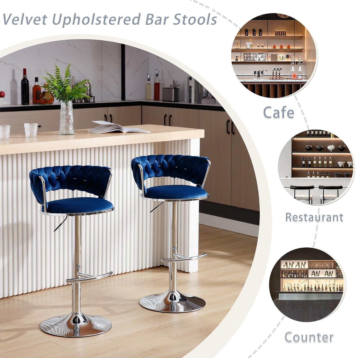 Barstool Set of 4, Velvet Bar Stools with Back, Adjustable Bar Stool Chairs, 360° Swivel Counter Height Barstools (Blue - Chrome Base)