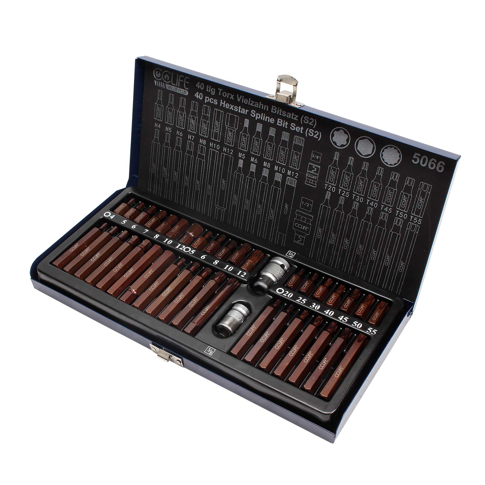 CCLIFE 40 piezas Juego de Puntas Torx XZN Puntas de Vaso Puntas Hexagonal S2 puntas T20-T55 M5-M12 H4-H12