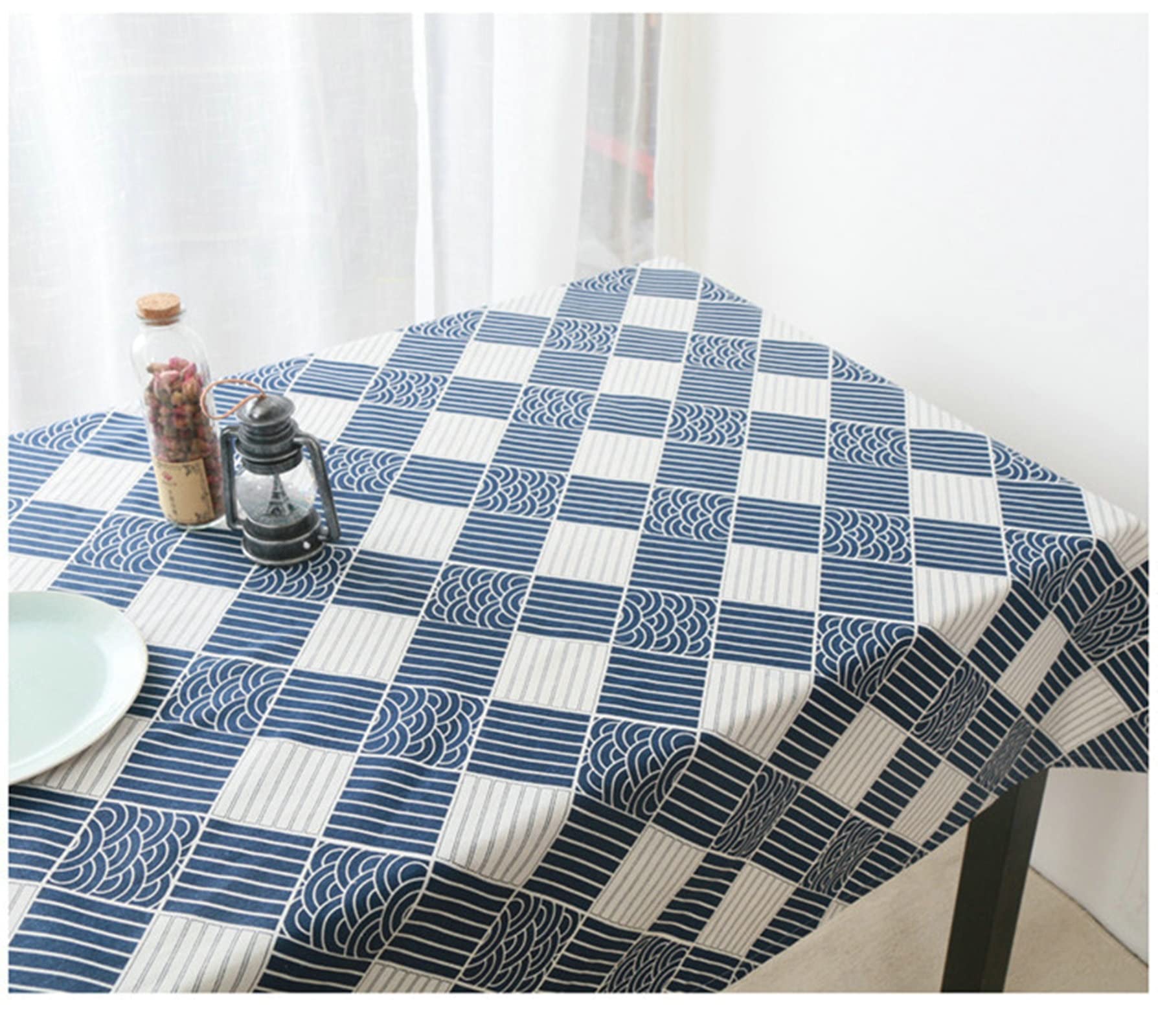 Aeici Tavolo da pranzo che copre le tovaglie rettangolari per la sala da pranzo in cotone reticolo, blu bianco 140X220cm