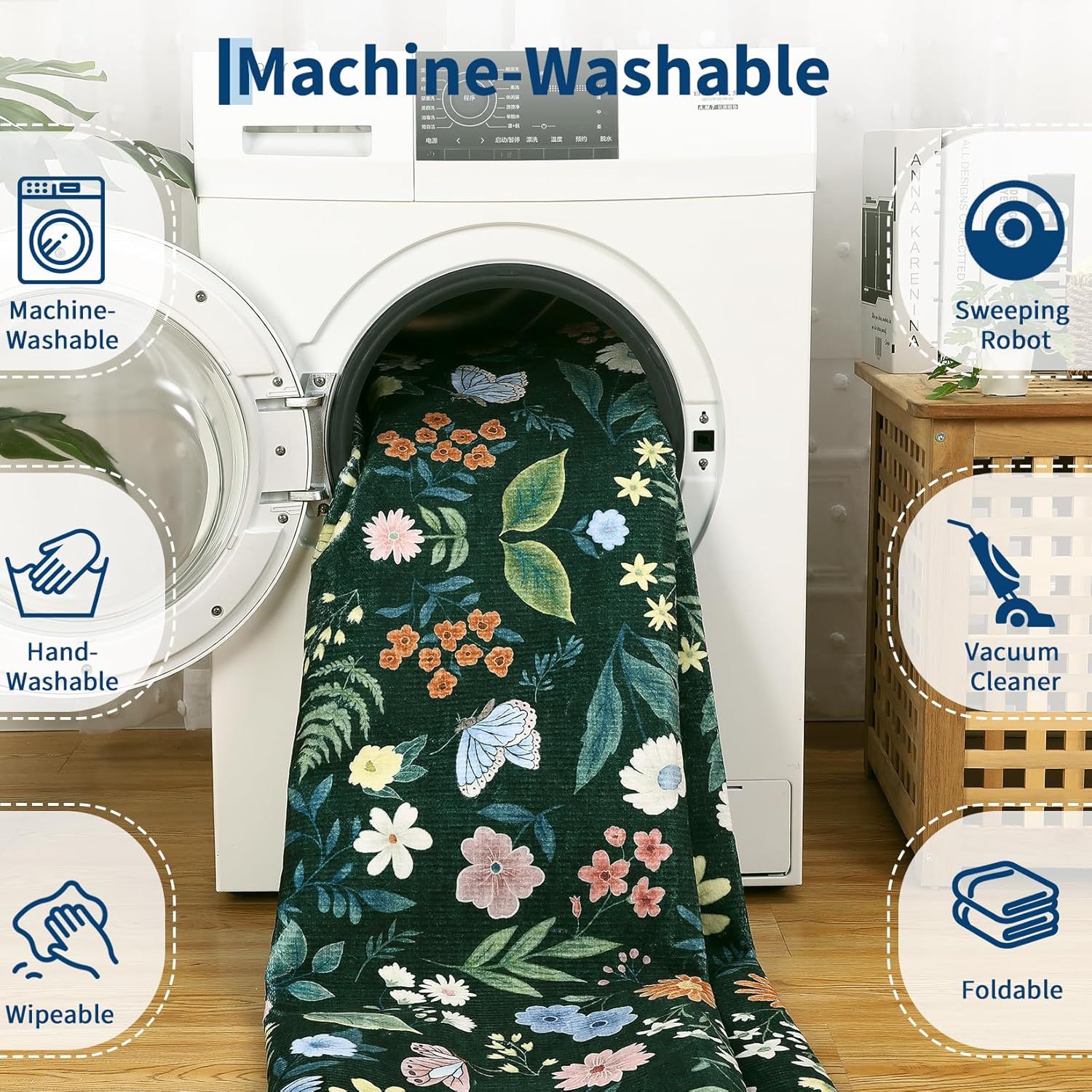 GarveeHome Floral Rug 5x7 Vintage Washable Non-Slip Living Room Carpet Soft Low Pile Thin Bedroom Floor Mat Indoor for Dining Room Playroom Nursery Farmhouse (Green)