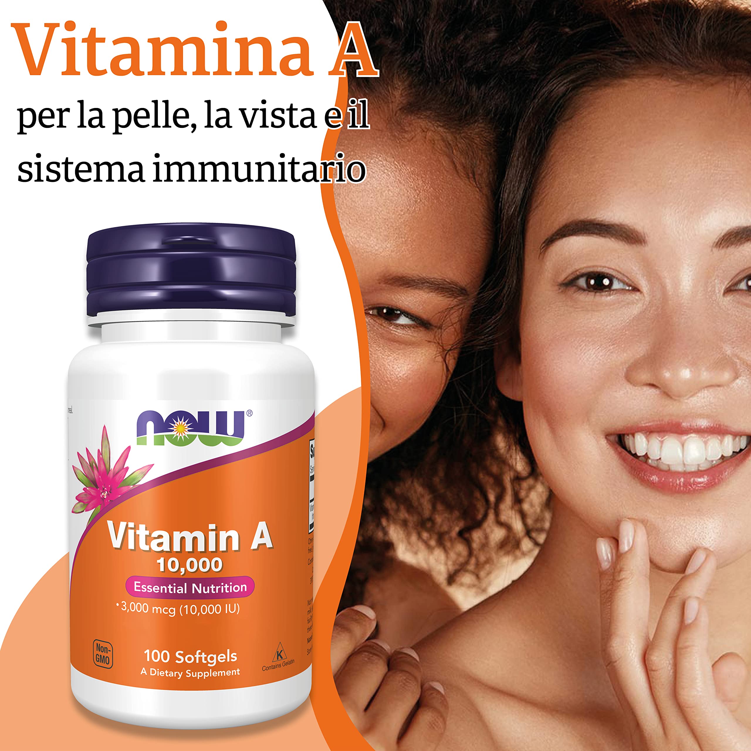 Now Foods Vitamina A 10000IU, 3000mcg, da palmitato di retinile e olio di fegato di merluzzo, ad alto dosaggio, 100 capsule, Testato in Laboratorio, Senza Glutine, Senza Soia, Non-GMO