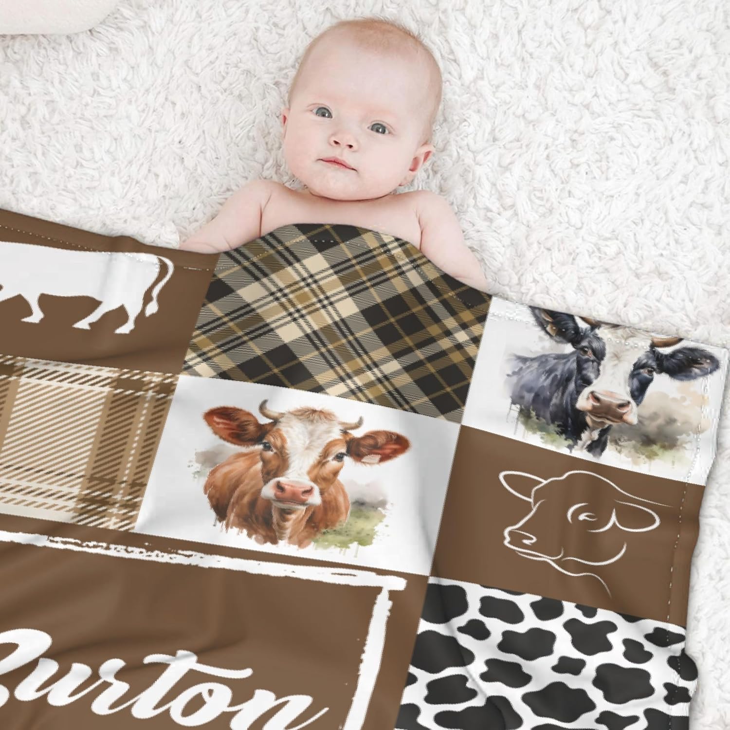 Personalized Cow Print Baby Blanket Custom Blanket for Boy Girl with Name,Newborn Infant Birthday Blanket,Receiving Swaddle Cow Blanket for Kid Name Blanket 60''x 80'' for Adult