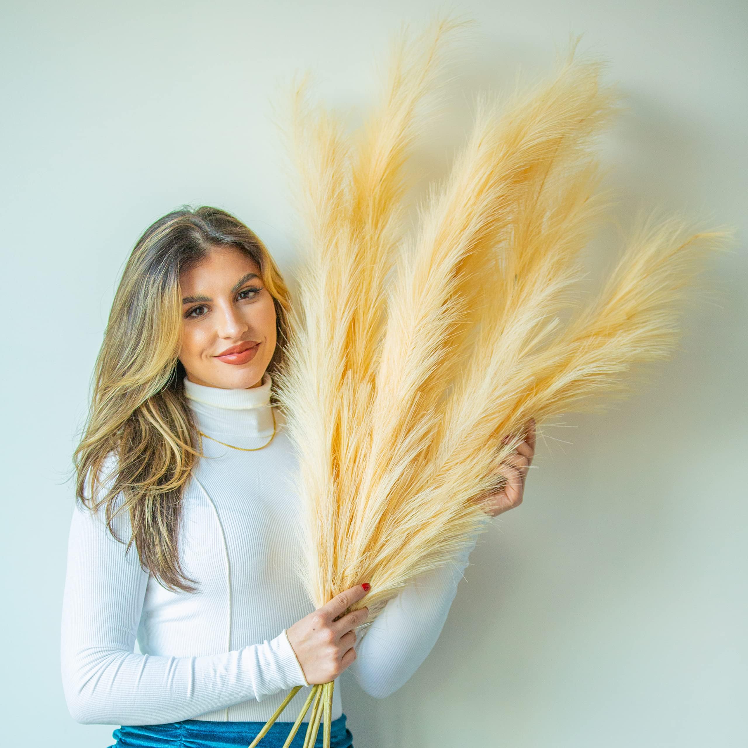 7 Pcs 45" Faux Pampas Grass – Fluffy Artificial Pompous Grass for Tall Floor Vase, Non-Shedding Home Decor, Boho Wedding Flowers, Baby Shower Centerpieces, Bedroom & Living Room Decor (Beige)