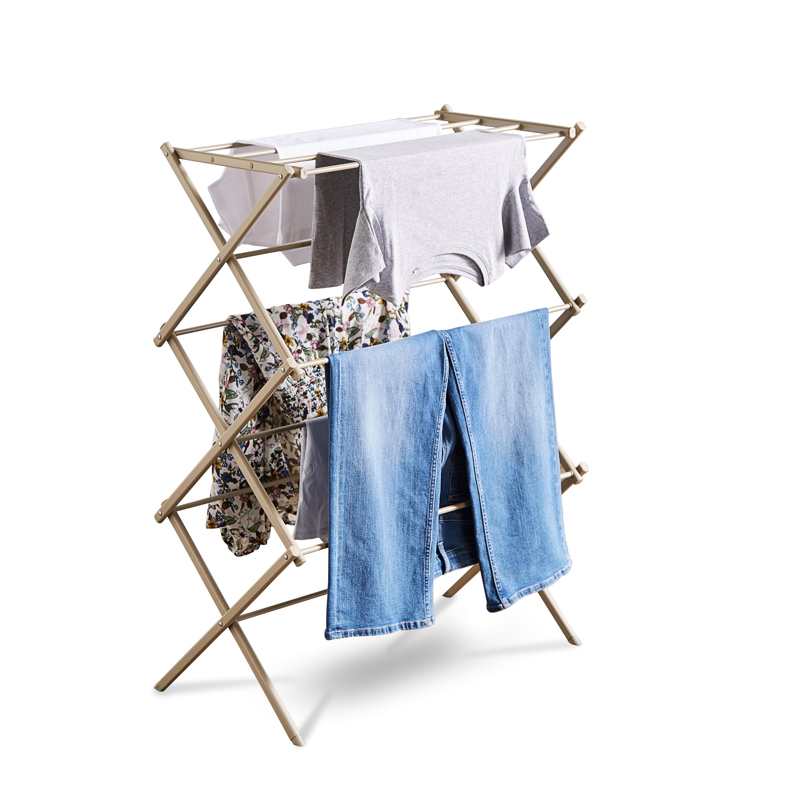 Tower T873020MSH 3 Tier Compact Airer with 11 Drying Rods, Racks for Shoes, Foldable Design, Anti-Slip Feet, Weight Capacity 10kg, Latte