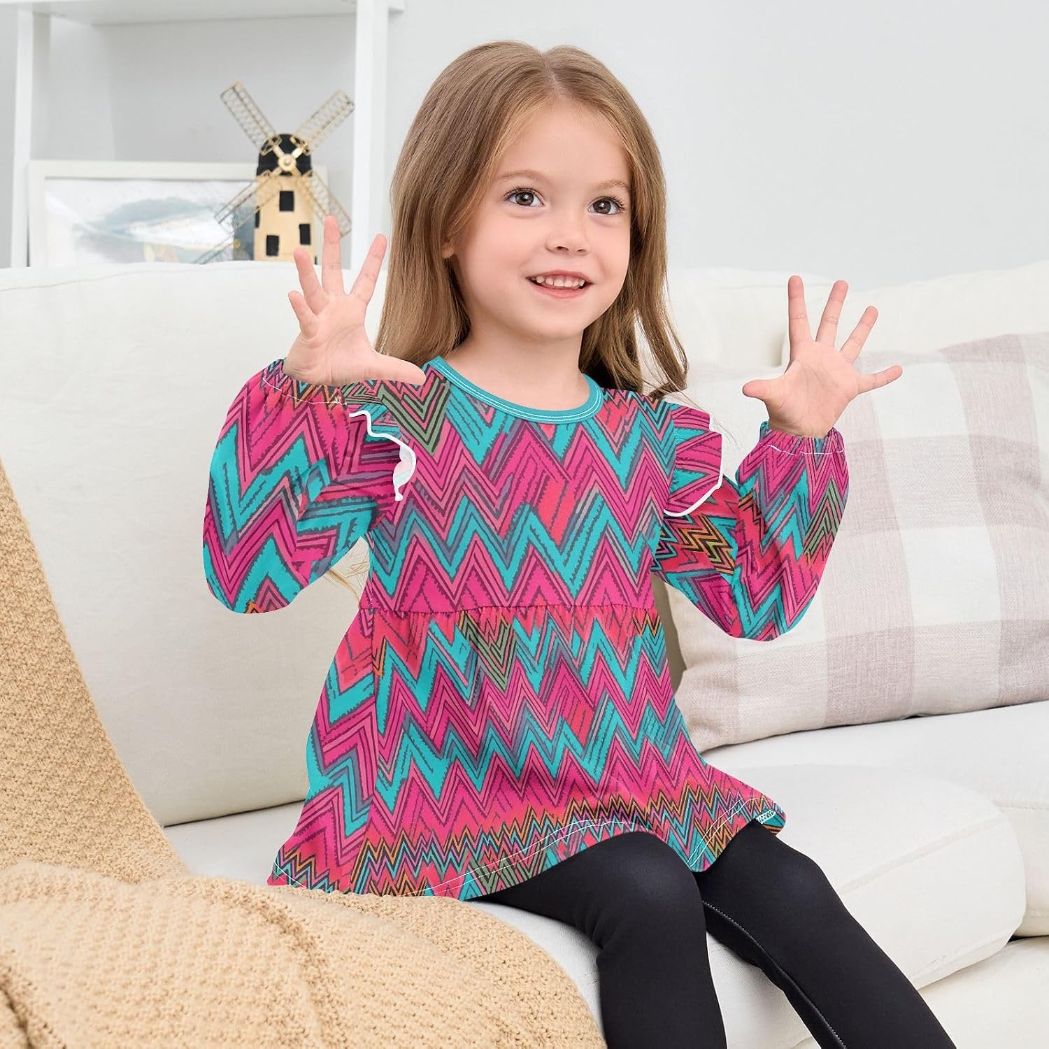 visesunny Toddler Clothes for Girls Geometric Folding Graph Long Sleeve Fall Shirts Cotton Top with Ruffle Collar