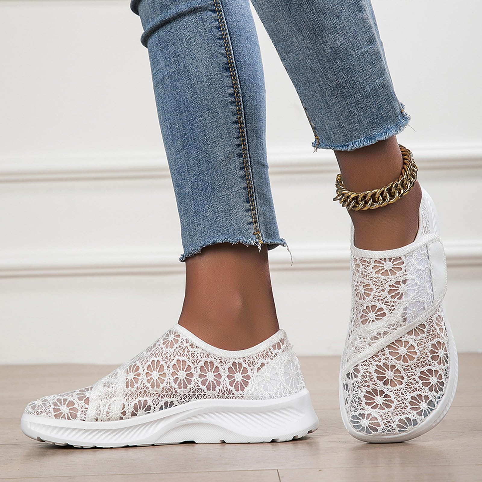Zapatillas elegantes de encaje floral para mujer, transpirables, con correa de para vacaciones de verano y salidas casuales