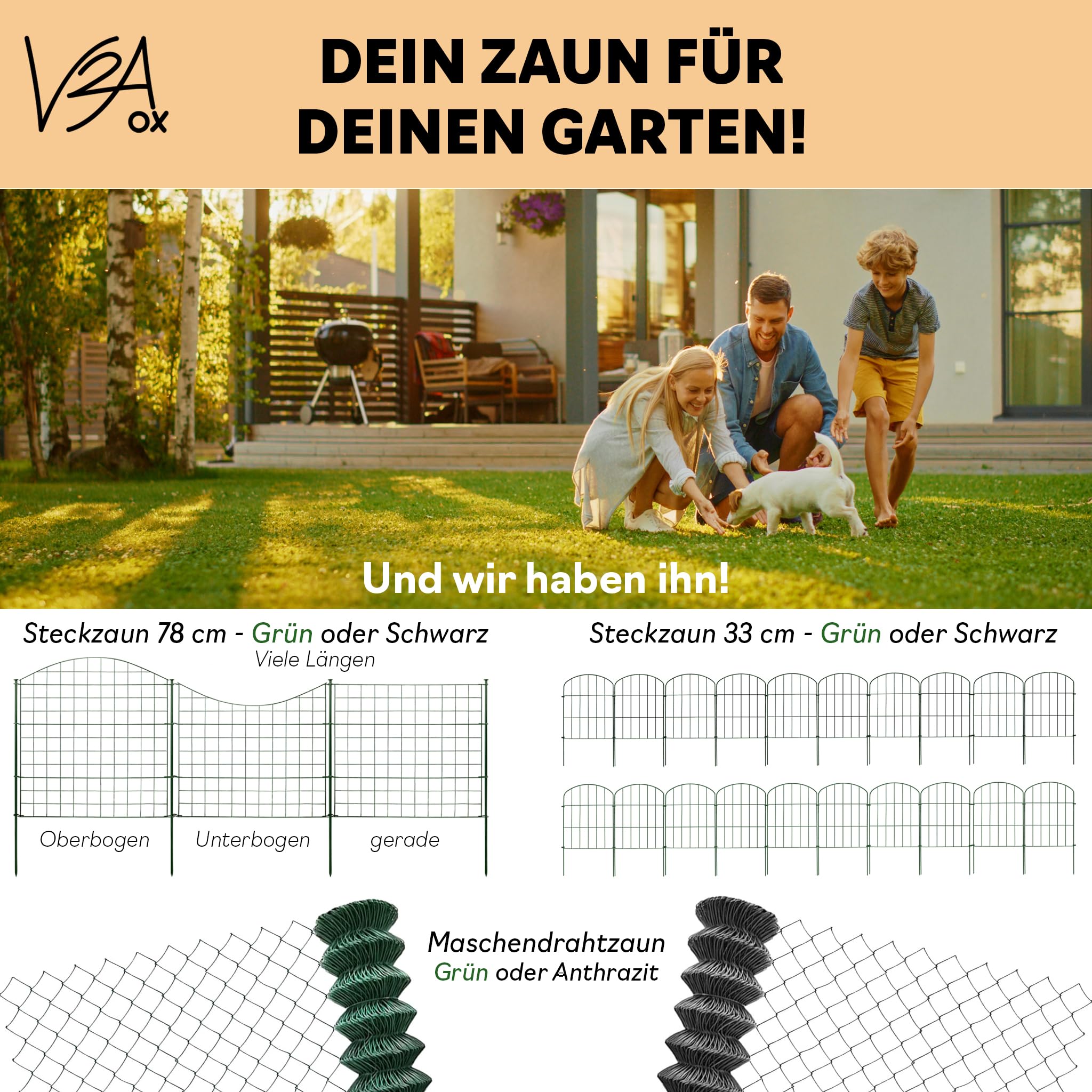 Zaun Steckzaun Gartenzaun Teichzaun für Garten 18 Zaunelemente V2Aox
