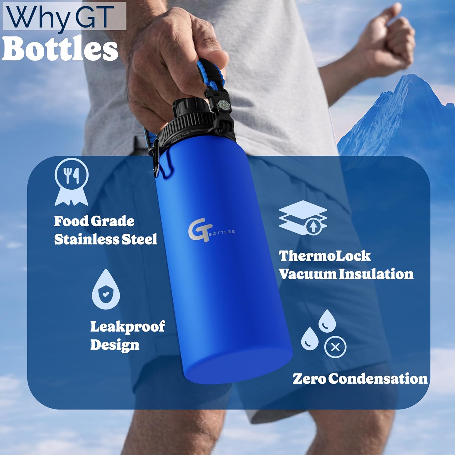 32oz Insulated Stainless Steel Water Bottle with 3 Lids & Paracord Handle – Leakproof Wide Mouth Metal Sports Bottle for Gym, School & Travel (Dark Blue, 32oz)