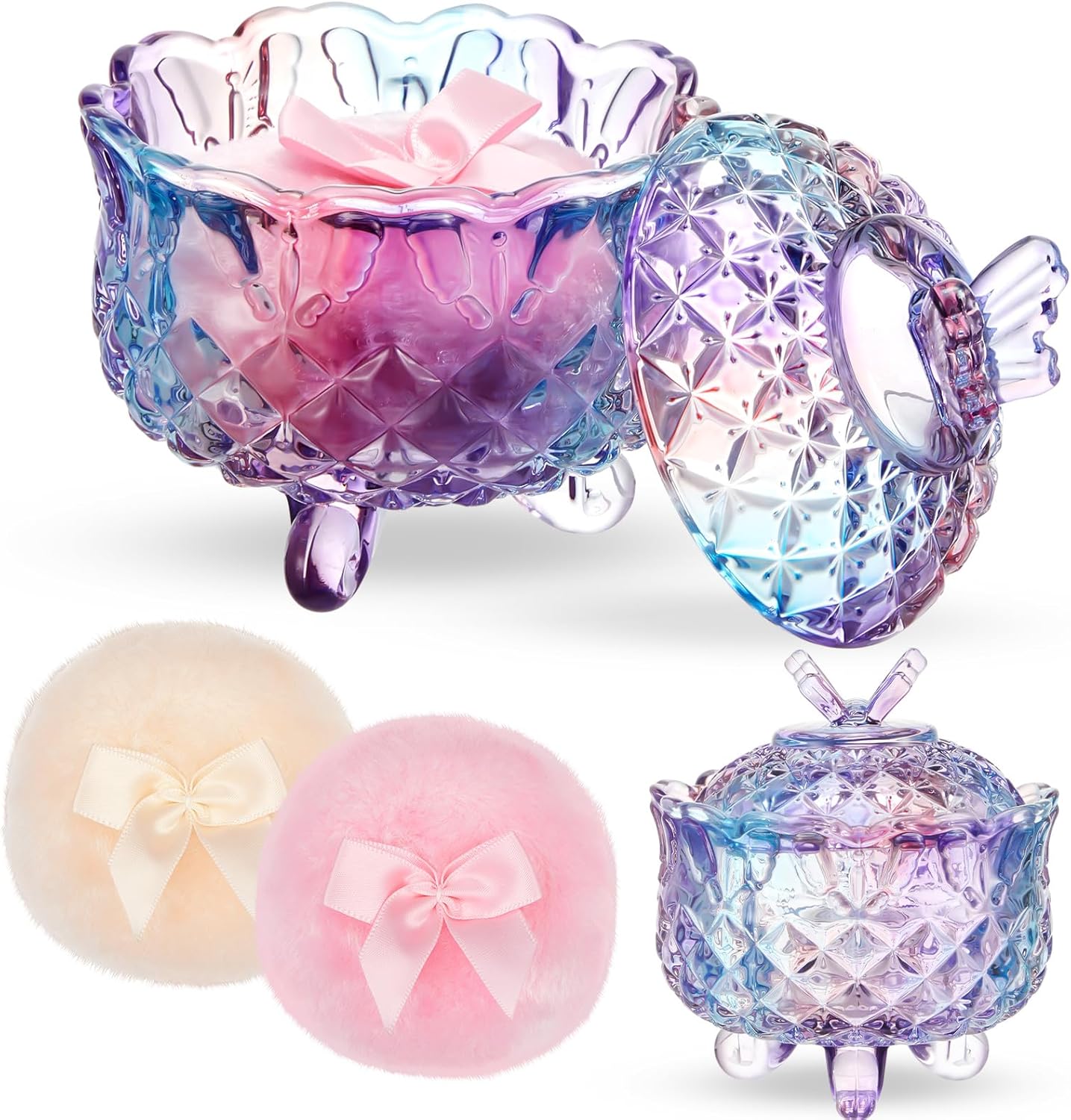 Tioncy 3 Pcs Large Body Powder Puff and Container Powder Container with Puff Crystal Case Soft Washable Reusable Velour Face Body Glitter Wet Dry Makeup Gift(Butterfly, Pastel)