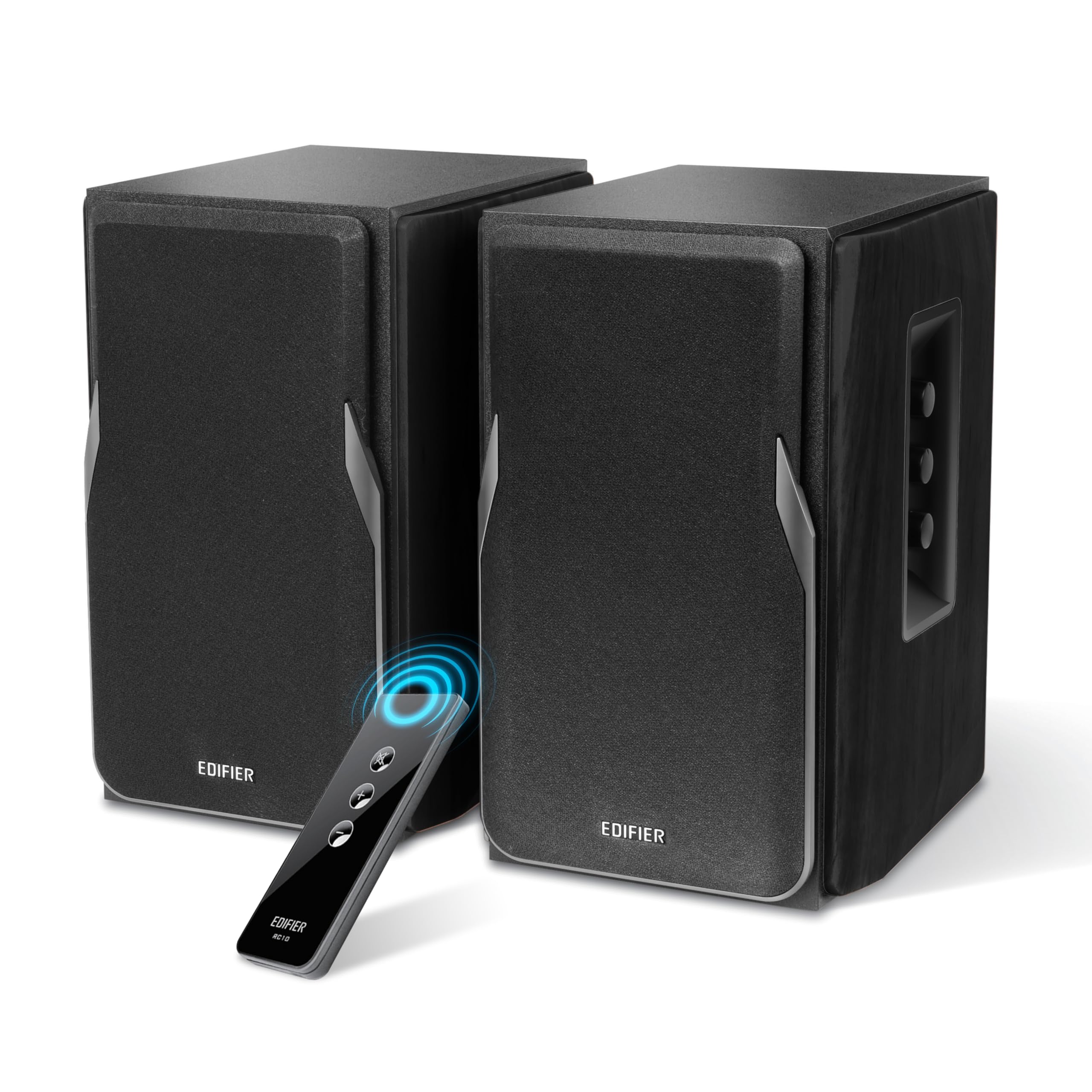 EDIFIER Studio R1380T 2.0 Regallautsprecher-System (42 Watt) im Echtholzgehäuse (MDF). Zwei LINE IN Anschlüsse. Infrarot-Fernbedienung und seitliche Bedienelemente für Bässe, Höhen und Lautstärke.