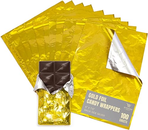 Better Kitchen Products Envolturas de caramelo de papel de aluminio dorado, 6 x 7.5 pulgadas, parte trasera plateada, embalaje individual de