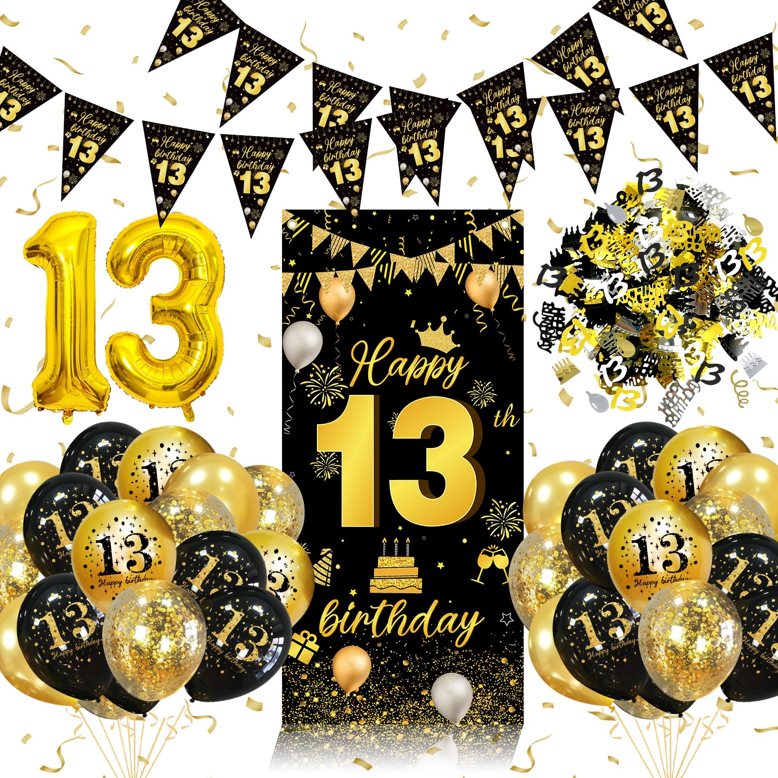 13 Geburtstag Deko, Deko 13. Geburtstag Mädchen Junge, Luftballon 13 Geburtstagsdeko Schwarz Gold, Lange Banner Konfetti & Zahl 13 Ballons für 13 Jahr Teenager