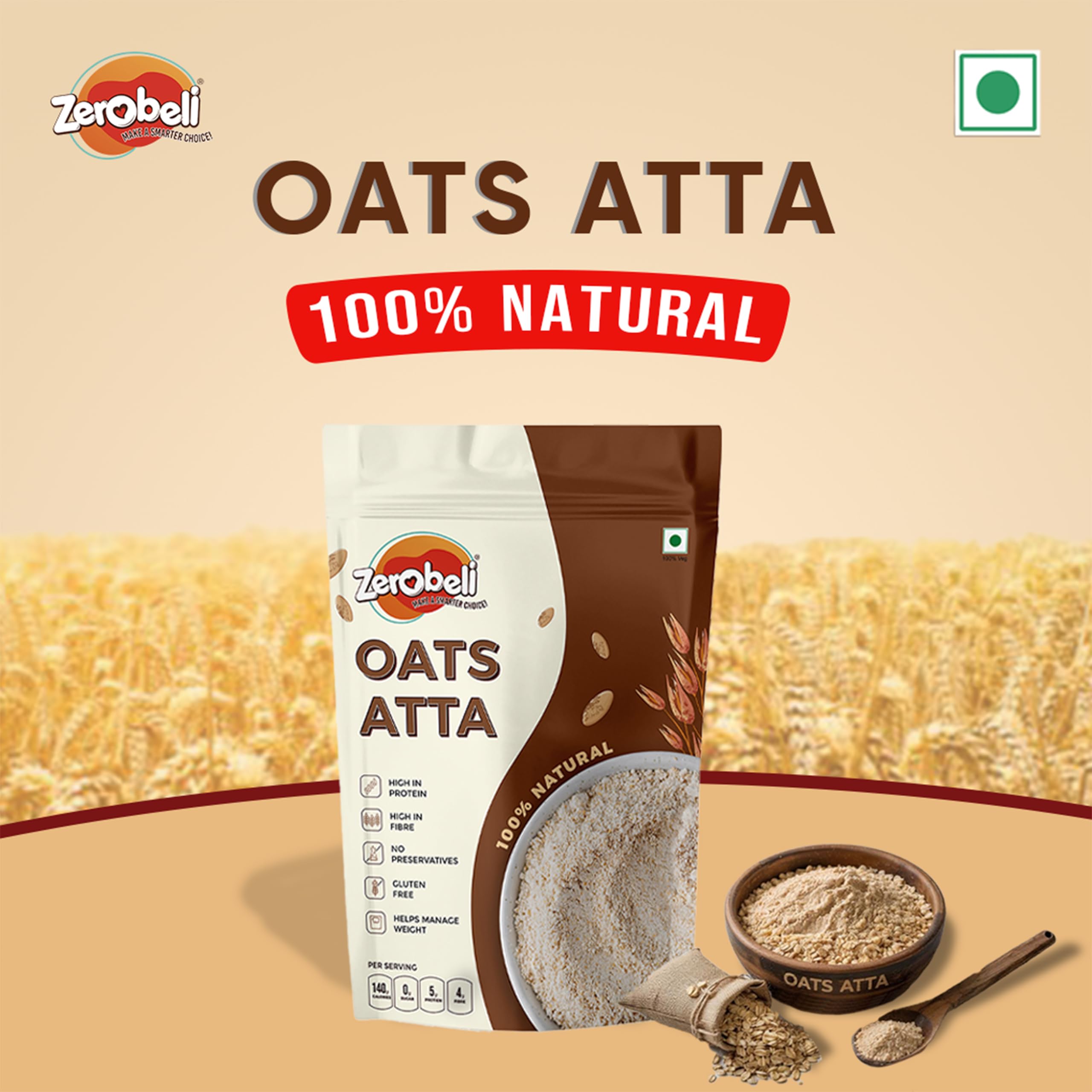 Zerobeli Purely Natural Oats Flour Atta 1kg | High in Fiber & Protein | Gluten-Free & No Preservatives | Freshly Ground from Wholegrain Oats | Perfect for Baking & Cooking | Great for Gut Health - Image 3 thumbnail