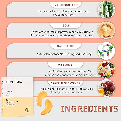 Miniatura 6 de PURE SOL Hydrogel Gold - Máscara para debajo de los ojos, ácido hialurónico, retinol, antienvejecimiento, hidratante e hidratante, 12 pares, parches