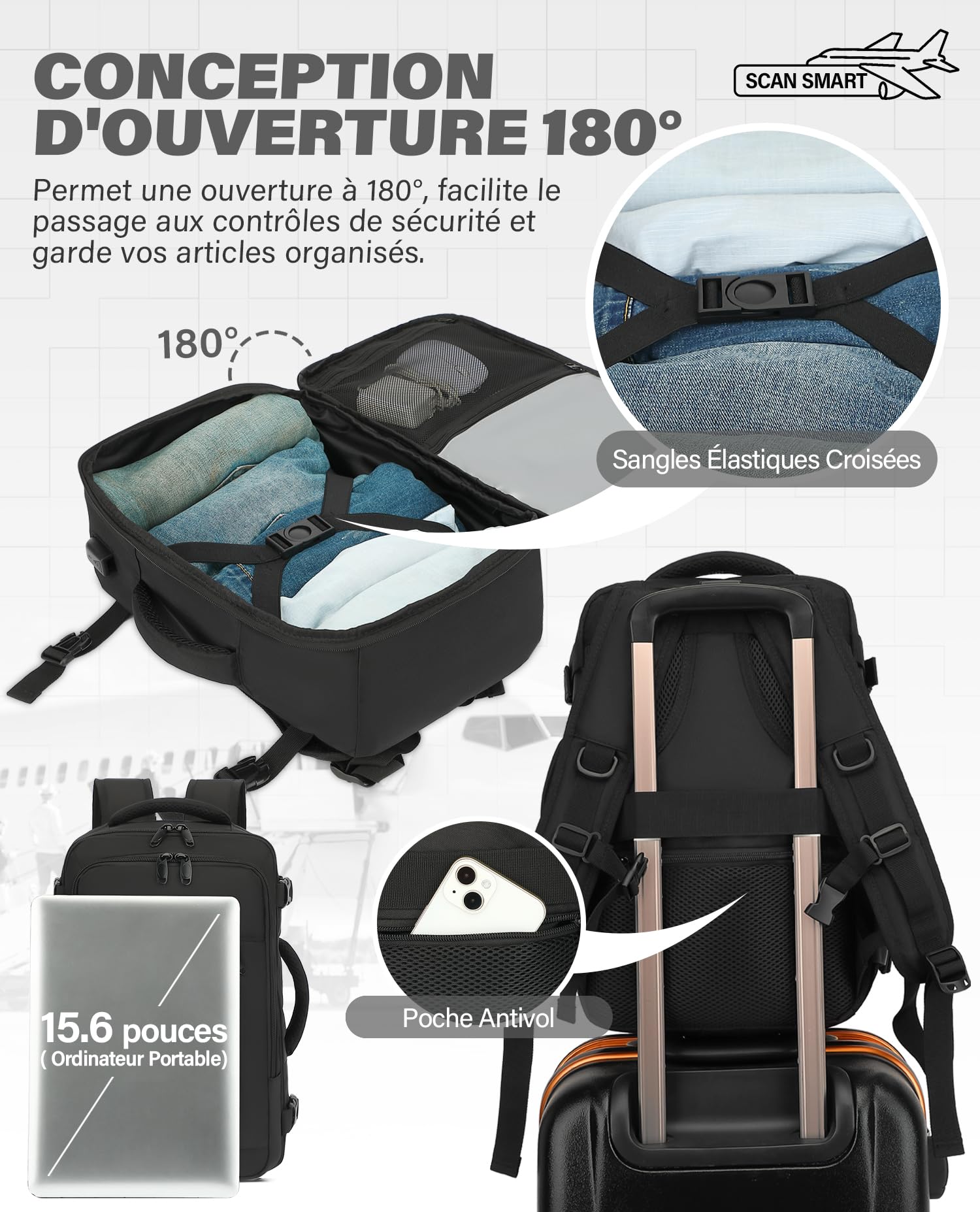 VANKEV Sac à Dos Voyage Cabine Avion 45x36x20 Pour Easyjet 30L Bagage à Main Femme Homme Sous Siege Cabine Sac à Dos Pour Ordinateur Portable 15.6 Pouces Noir