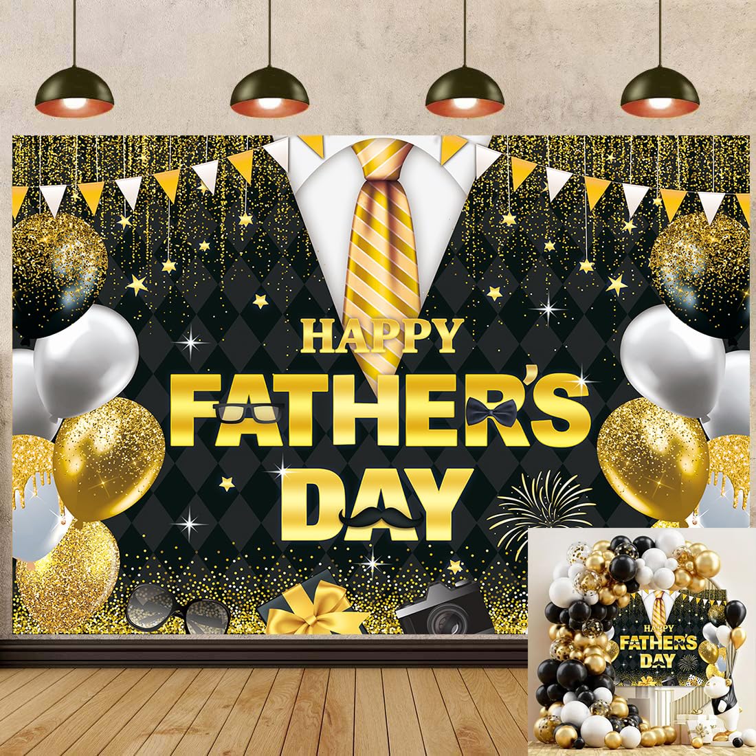 Happy Father's Day Photography Backdrop Black Gold Glitter Balloons Father's Day Decorations Background Mens Birthday Family Party Supplies Banner