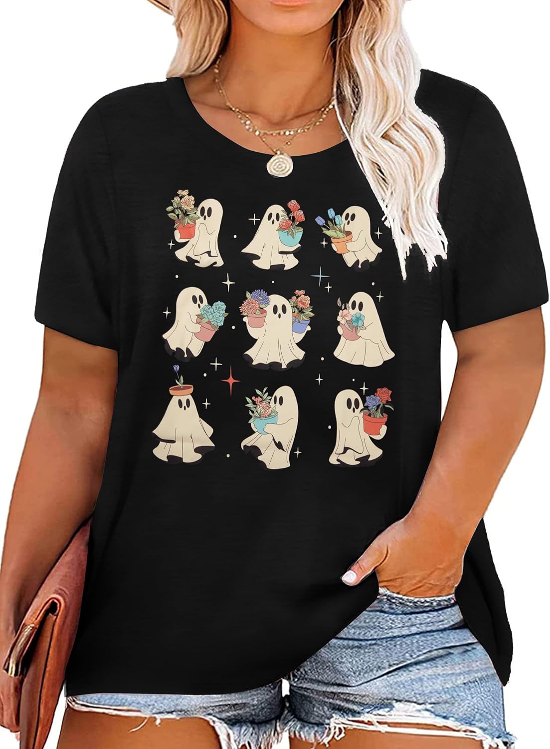 Plus Size Halloween Shirts for Women Cute Ghost Shirt Fall Graphic Tees Spooky Season Top Pumpkin Short Sleeve Tops
