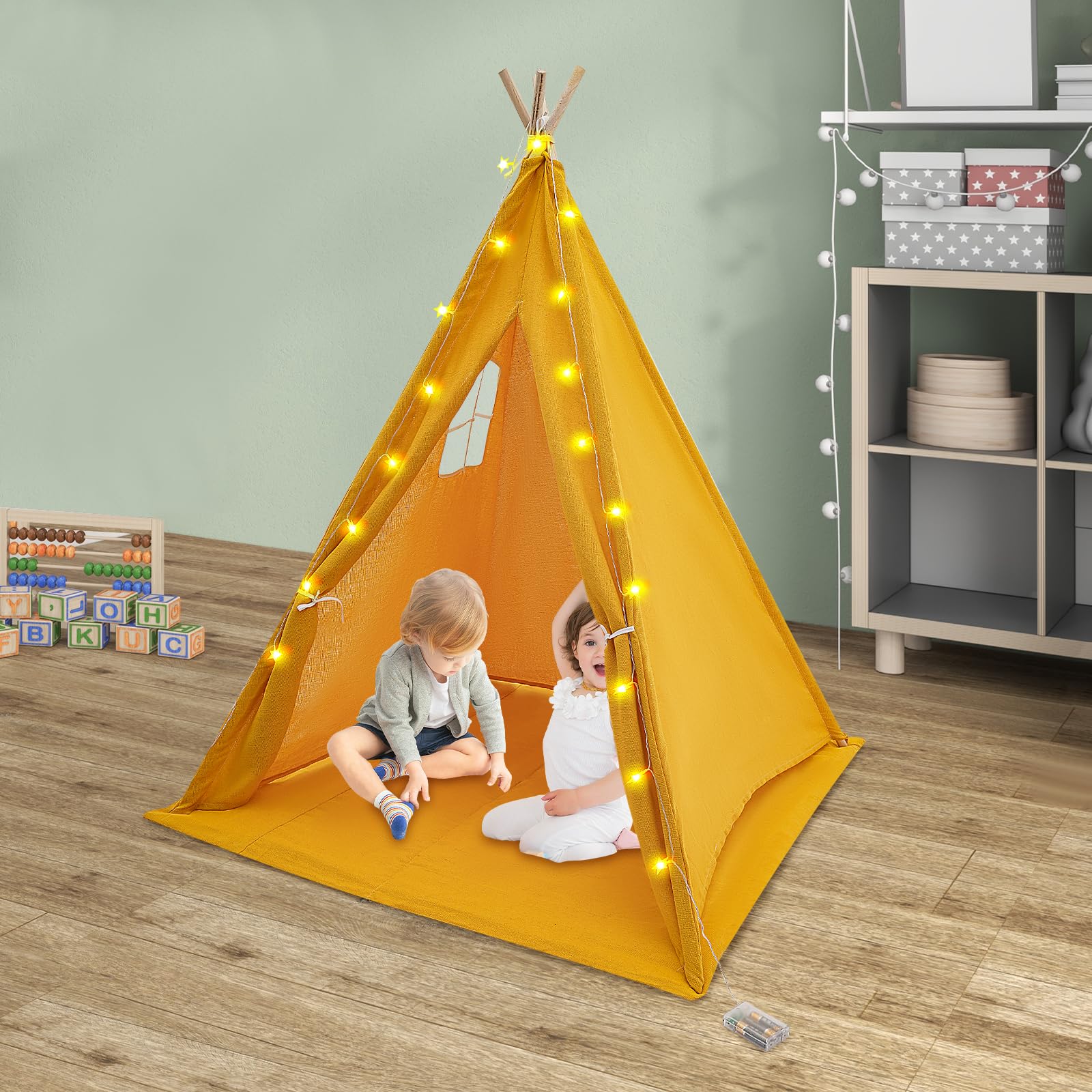 Tipi Tenda per bambini, 120 x 120 x 140 cm, Tippi, tenda da gioco pieghevole, per bambini, per interni ed esterni, per cameretta dei bambini, con catena luminosa opaca (giallo)