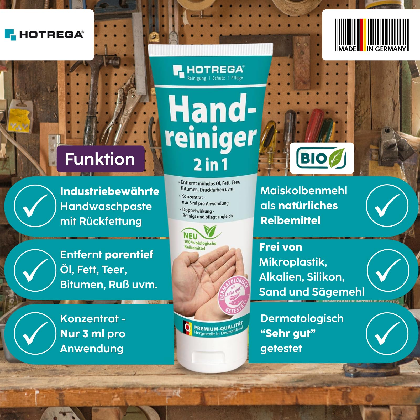 HOTREGA Handreiniger 2in1 4x 250ml | Profi Handwaschpaste mit Rückfettung | Hautschonend gegen Öl & Fett | Natürliches Reibemittel aus Maismehl | pH-hautneutral & ohne Mikroplastik | 1000ml Vorrat
