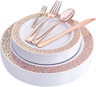 WDF 150PCS Rose Gold Plastic Plates with Disposable Plastic Silverware,Lace Design Plastic Tableware sets include 25 Dinner Plates,25 Salad Plates,25 Forks, 25 Knives, 25 Spoons/Bonus 25 Mini Forks
