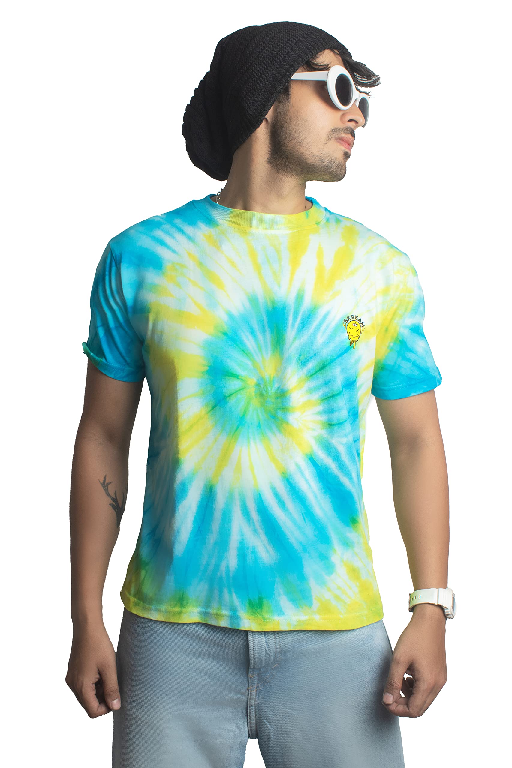 SkreamYellow and Blue Spiral Tie and Dye T-Shirt for Men, 100% Cotton, Handmade, no Colour Bleeding, Non-Toxic, Regular fit Super Soft T-Shirt (Unisex)