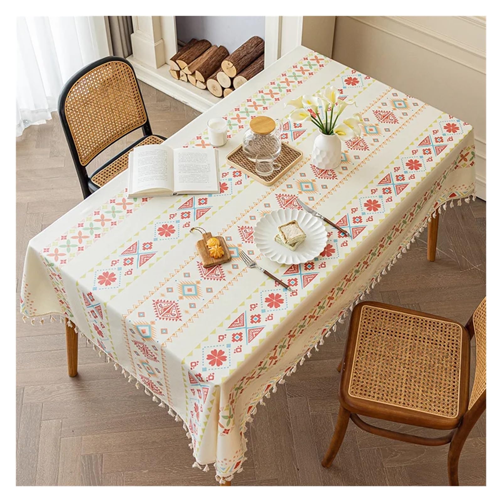 Mzsklw Red Waterproof Tablecloth Waterproof And Oil Resistant Tablecloth Cotton And Linen Non Wash Fabric Ethnic Style Rectangular Tassel Homestay(,120X170cm)