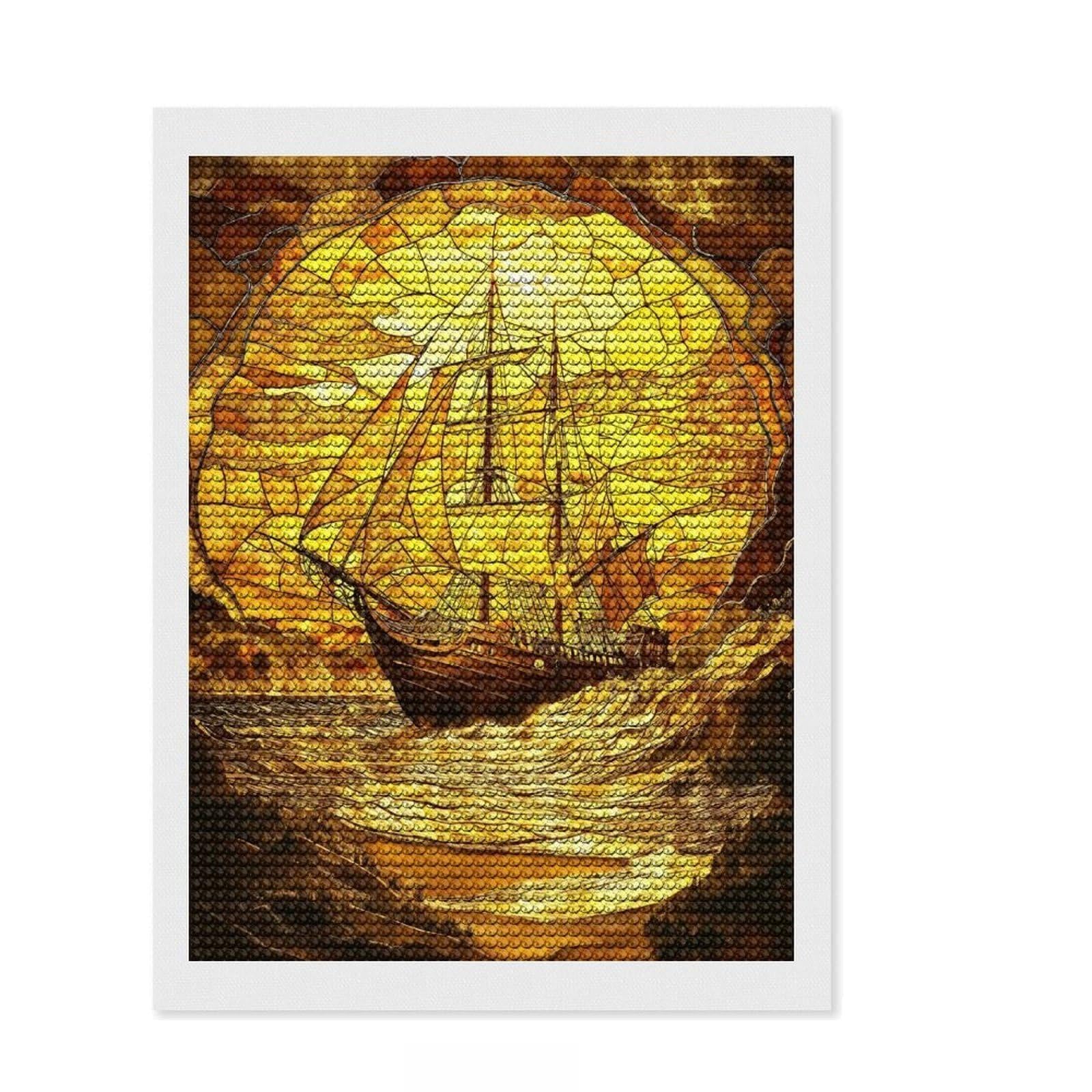 Junmoney Amber Stained Glass Ship DIY Diamond Art Canvas Kit 12"x16", Neat Printed Canvas, Mindful Craft Activity, Office Decor, Gift Idea