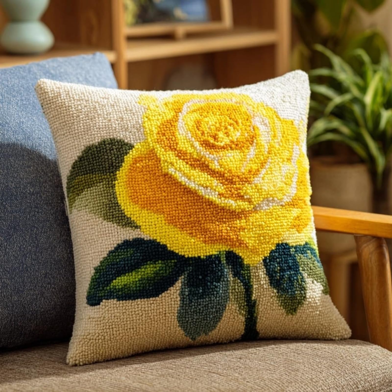 AxiangziK Latch Hook Pillow Cover Kit,Yellow Roses 43x43cm DIY Cushion Kit for Adults Beginners,Living Room Sofa Decoration,with Pattern and Yarn