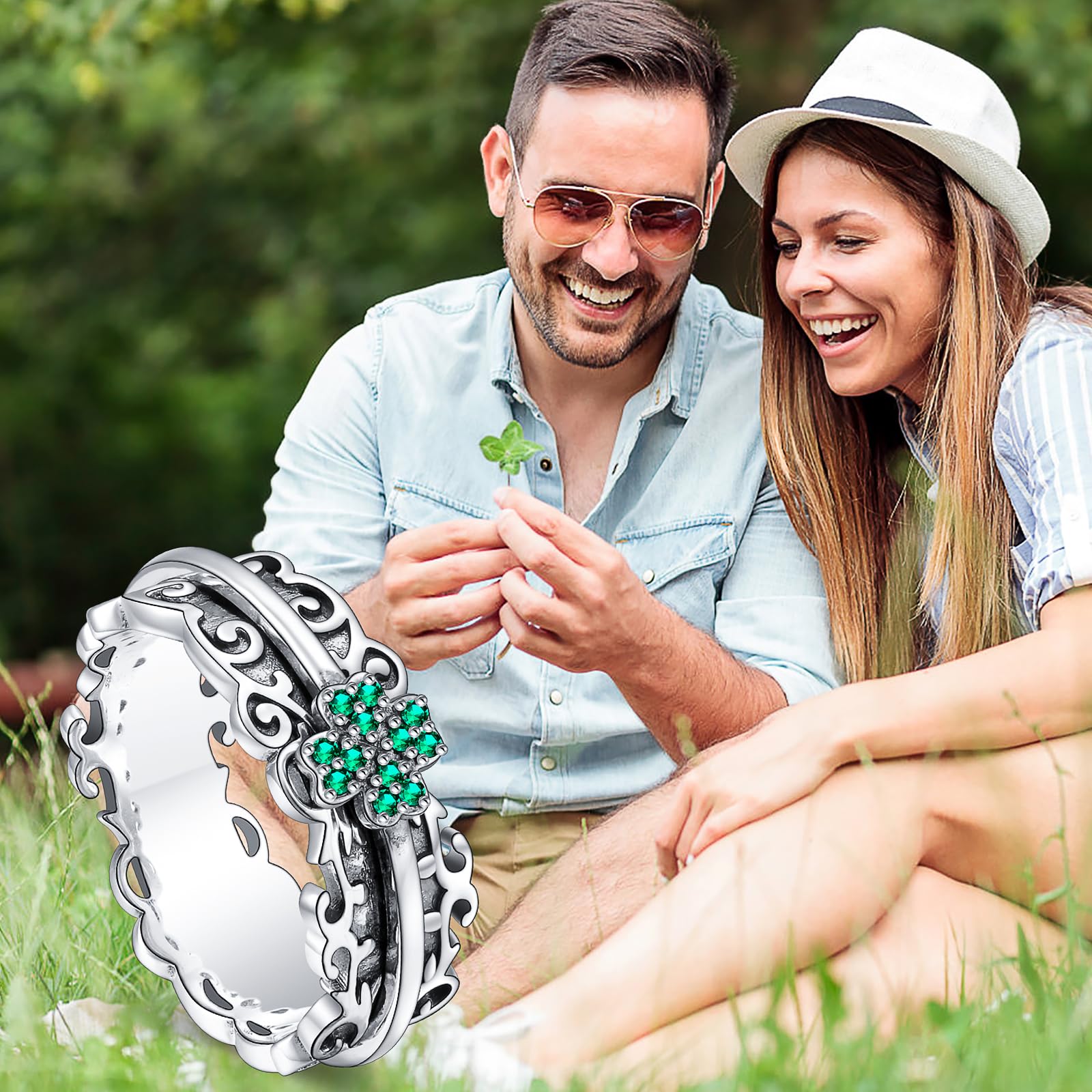 Anillos giratorios de trébol de cuatro hojas para mujer, anillos vintage para ansiedad, anillo giratorio de plata de ley, anillo grueso en relieve, trébol de cuatro hojas, regalo para mujeres y