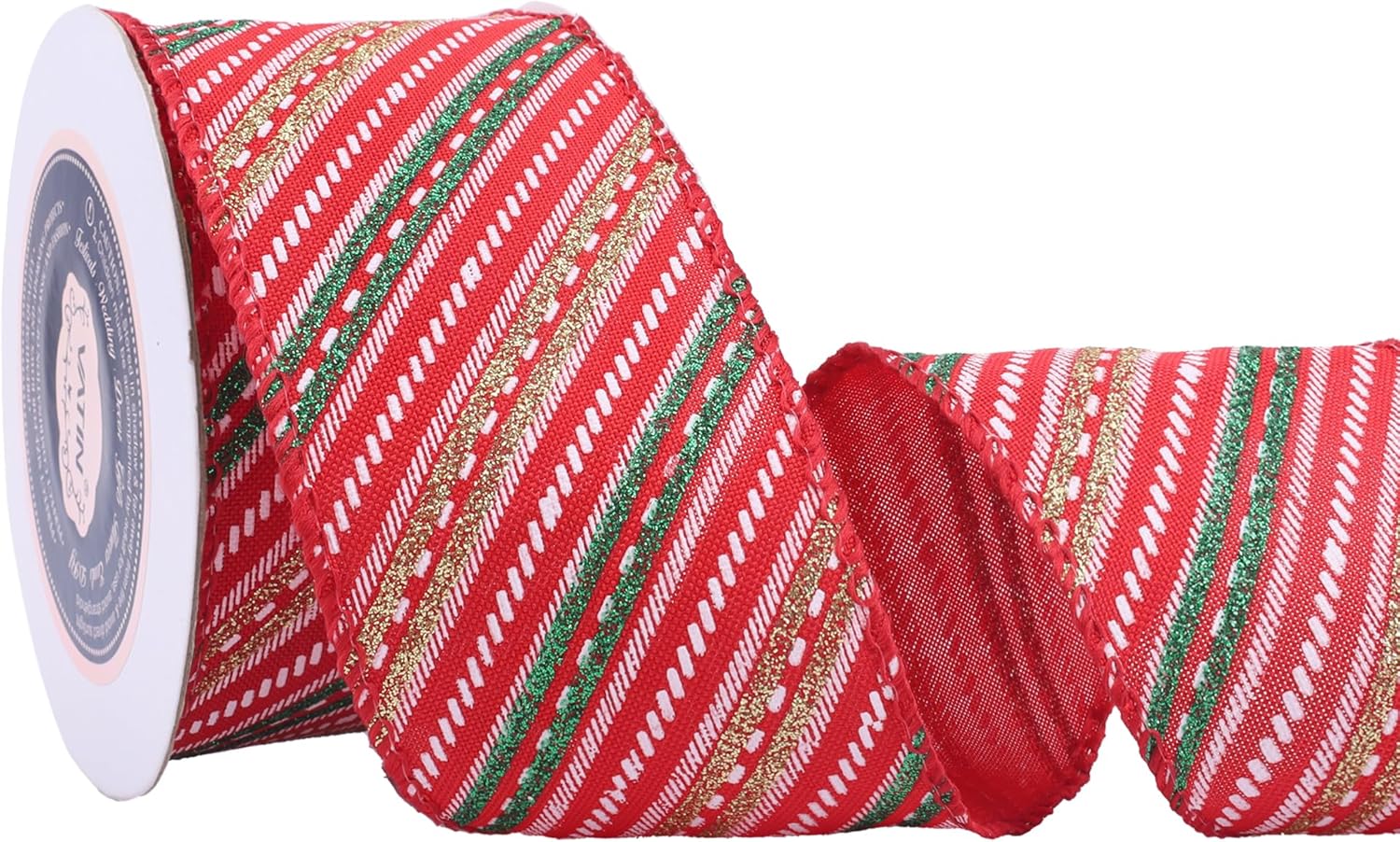 VATIN Glitter Green and Gold Diagonal Stripes Christmas Wired Ribbon,2-1/2 Inch x Continuous 10 Yards Spool Christmas Tree Ribbon for Topper Bow, Christmas Wreath, Tree Decoration, Gift Wrapping Christmas Wired Ribbon-17 2-1/2“