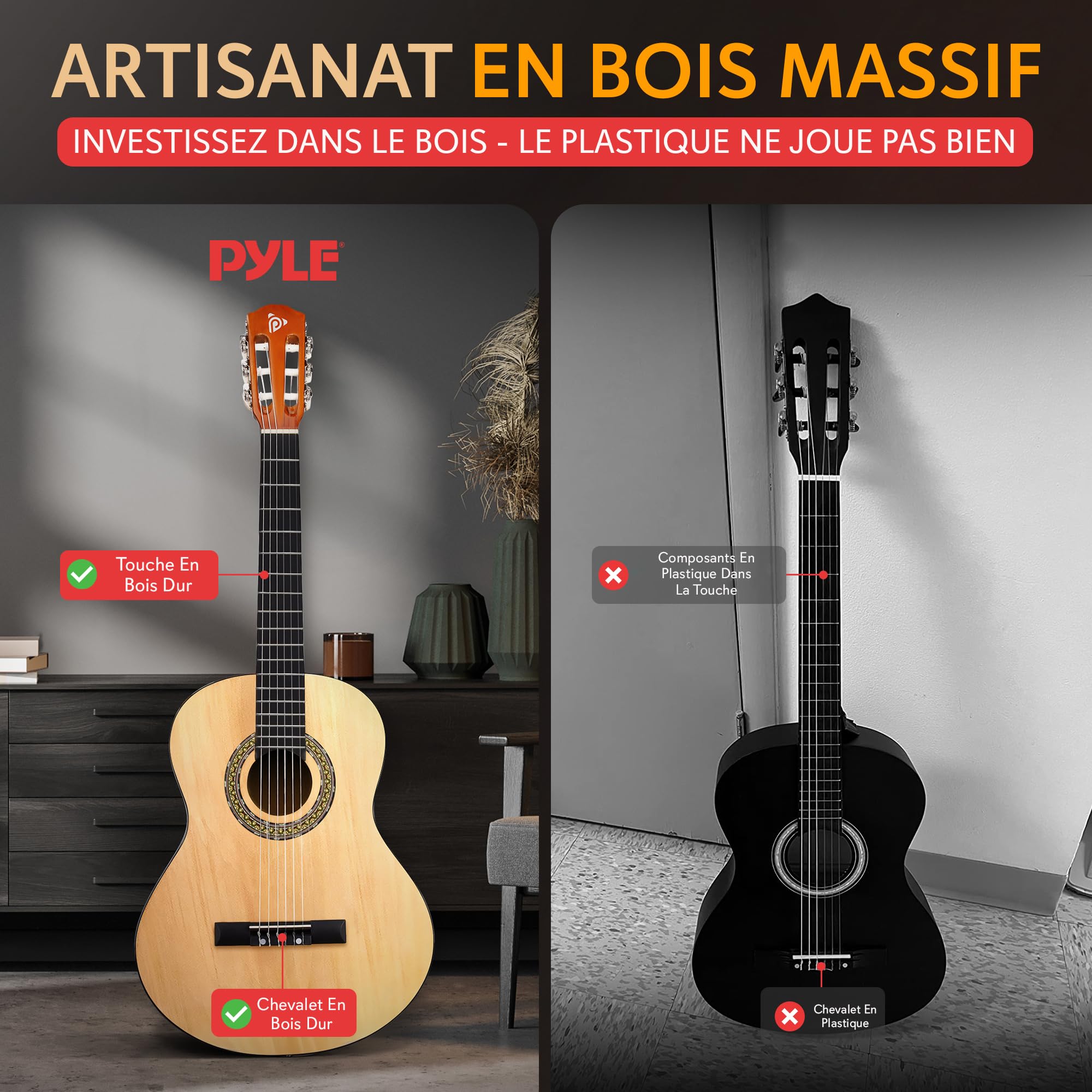 Pyle - Kit de Guitare Acoustique pour Débutant - Guitare Enfant/Adulte - Taille Junior 3/4 en Bois Massif - 91,44 cm Frêne Naturel