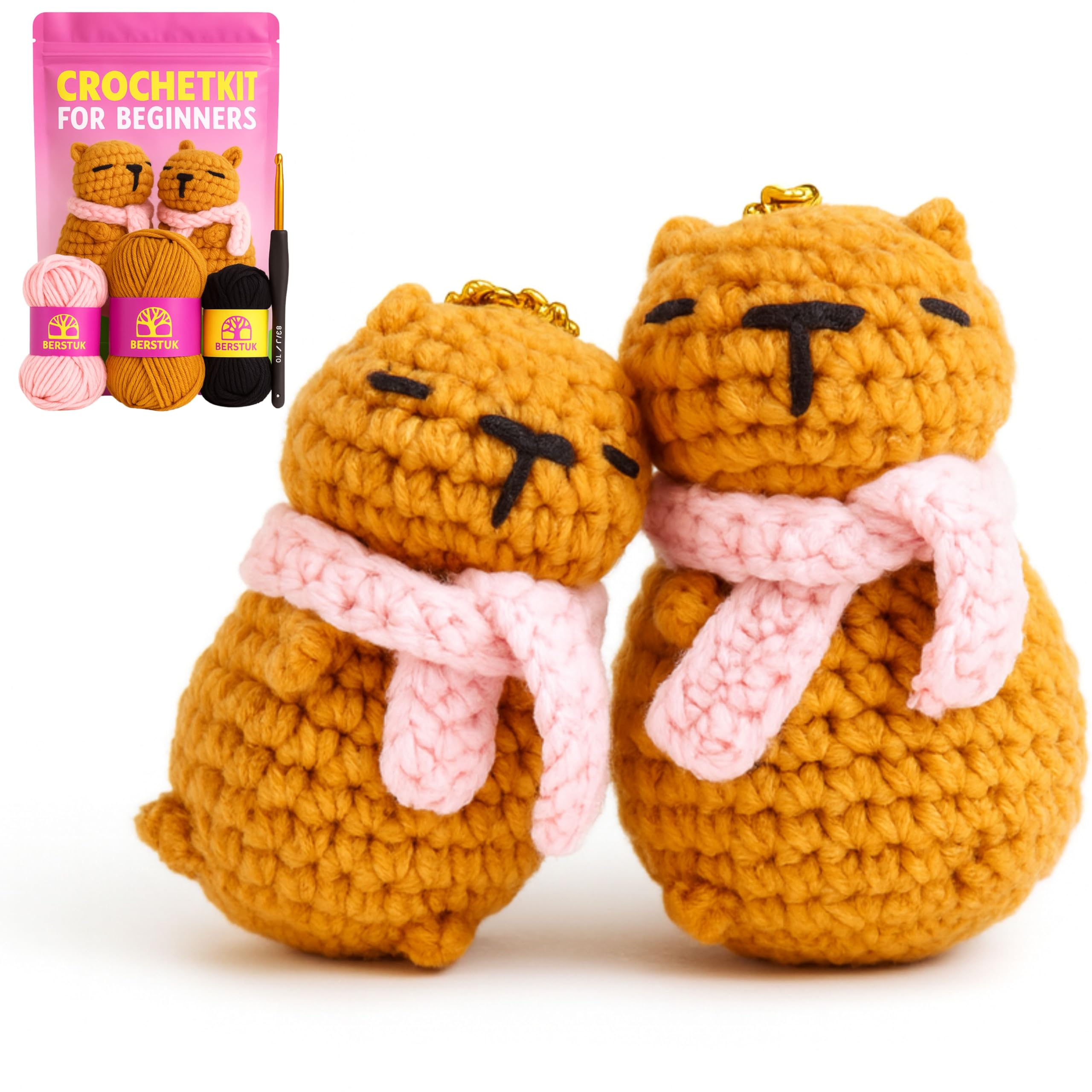 Berstuk Snuggly Capybara Beginner Crochet Kit – Learn to Crochet a Cute Capybara with Scarf – Complete Animal Crochet Kit with Yarn, Hook, Keychains & Video Tutorials – DIY Gift for Teens & Adults