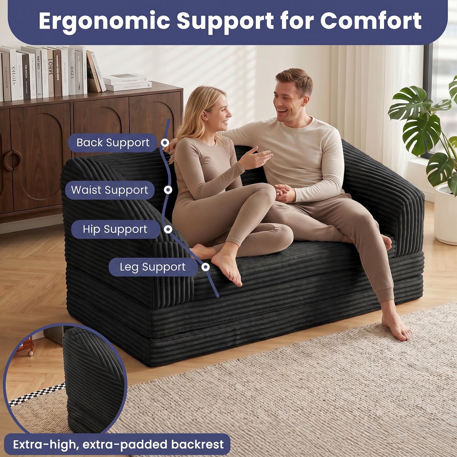 Convertible Sofa Bed, 3-in-1 Foldable Loveseat Couch with Armrest, Corduroy Floor Sofa & Sleeper Bed, No Assembly High-Density Foam Futon Mattress for Living Room, Small Apartment, Dorm