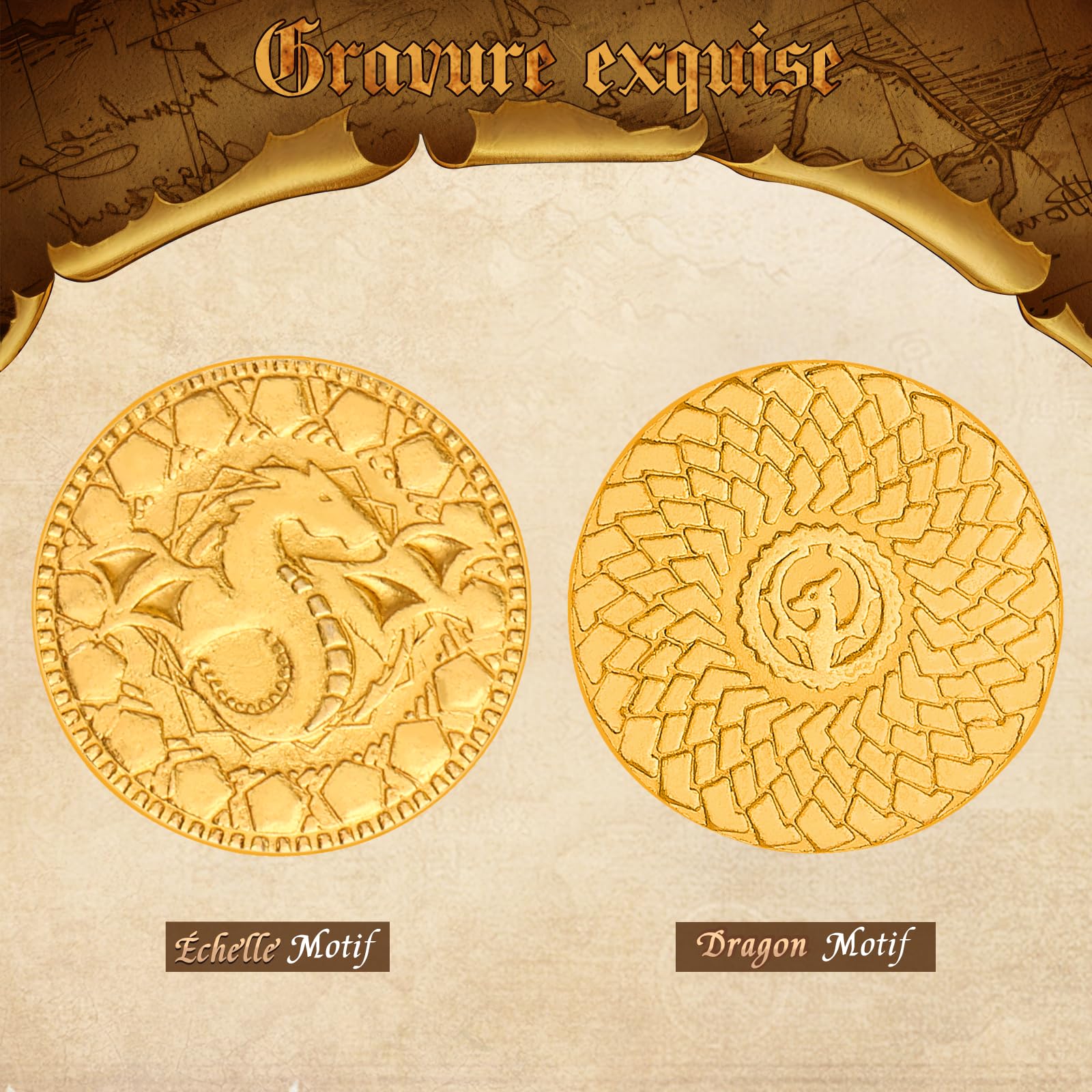 Byhoo Ensemble de pièces de monnaie en métal Fantasy Donjons et Dragons avec sac en cuir, jetons de jeux de société nouveauté et accessoires rétro, 50 pièces dorées magiques étincelantes DND pour Byhoo Ensemble de pièces de monnaie en métal Fantasy Donjons et Dragons avec sac en cuir, jetons de jeux de société nouveauté et accessoires rétro, 50 pièces dorées magiques étincelantes DND pour