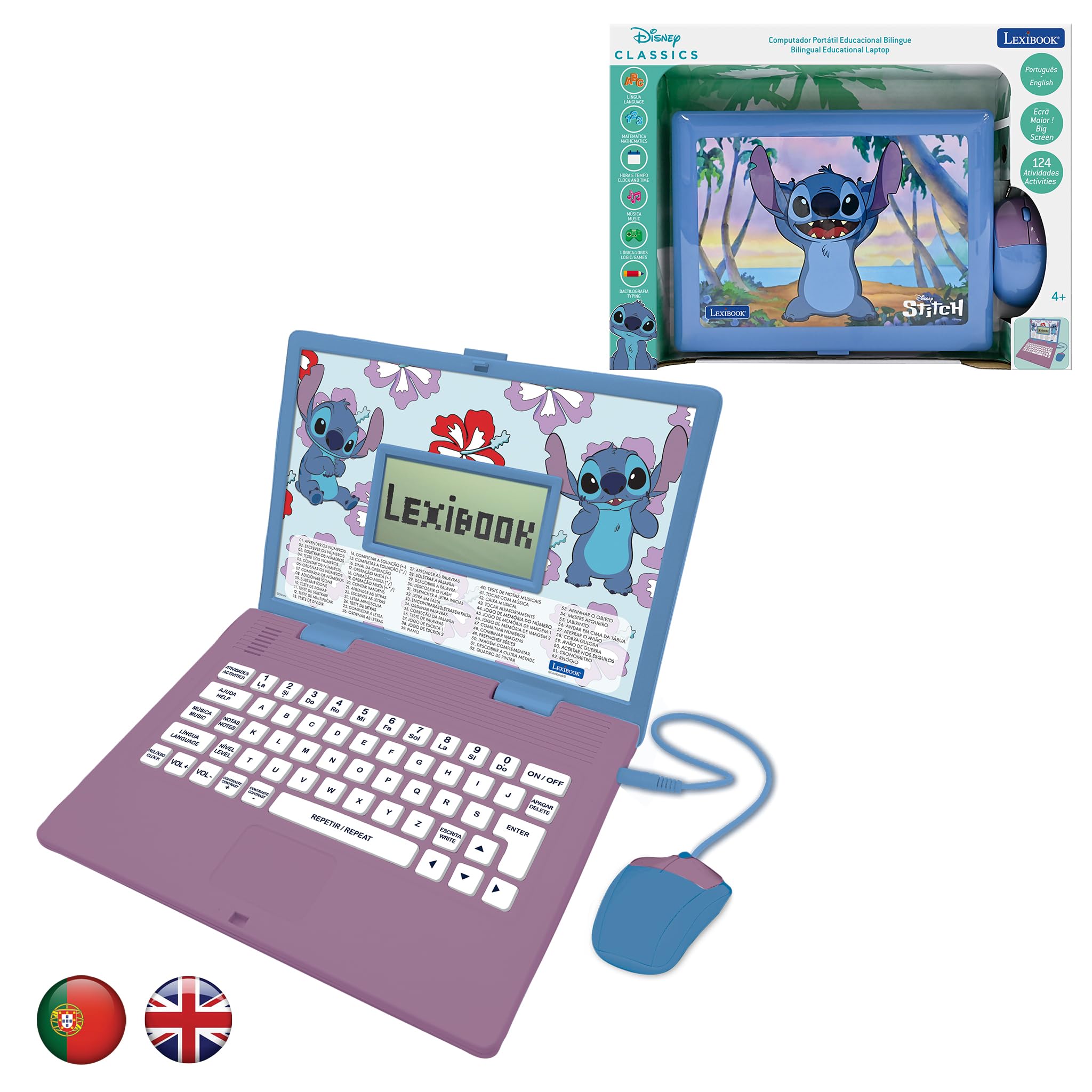 LEXIBOOKDisney Stitch, Bilingual ENGLISH/PORTUGUESE Educational Laptop, 124 Language Activities, Writing, Maths, Logic, Music, and Games, Boys and Girls, JC598Di4