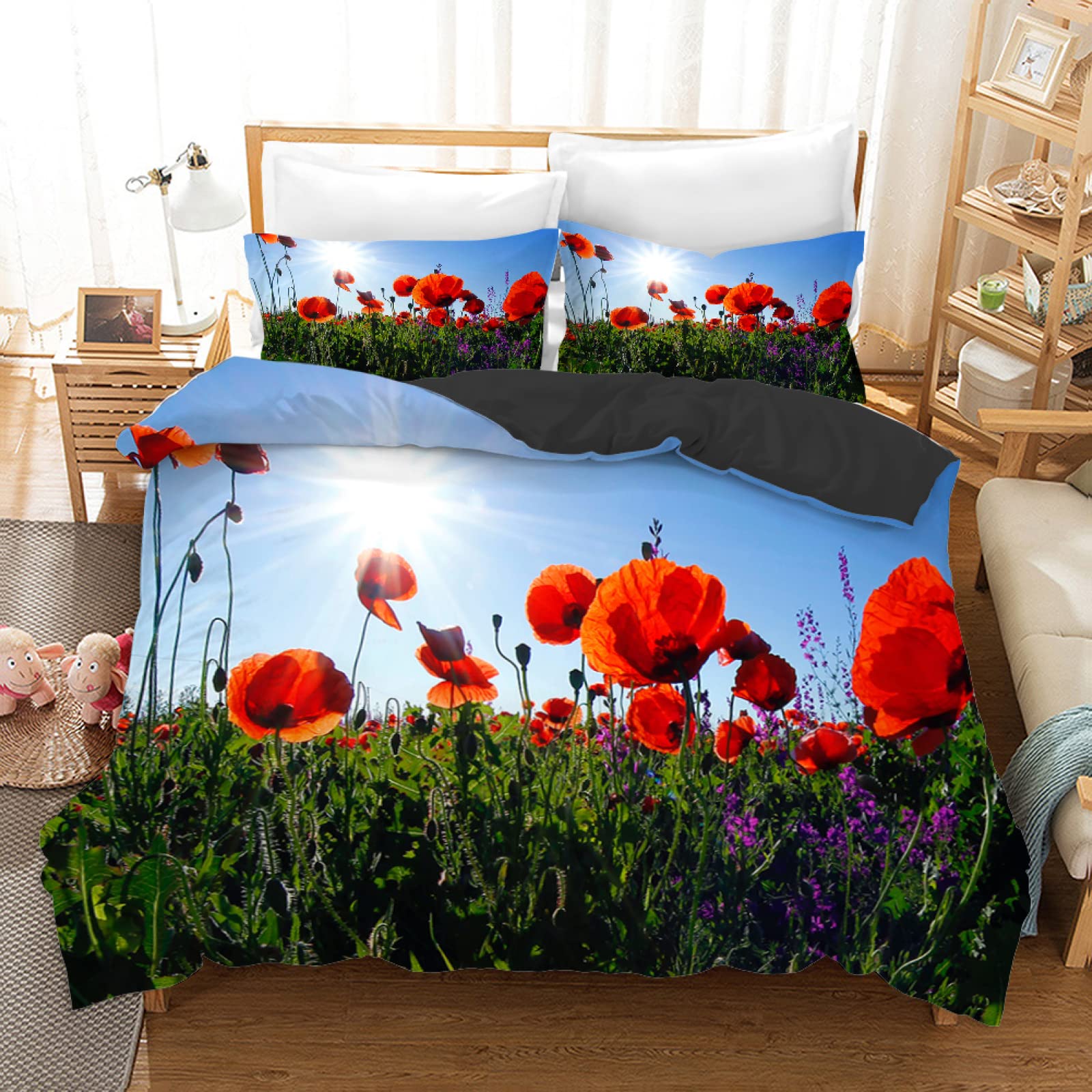 Housse de Couette Fleur Bleue en microfibre douce 140x200 cm avec 2 taies d'oreiller