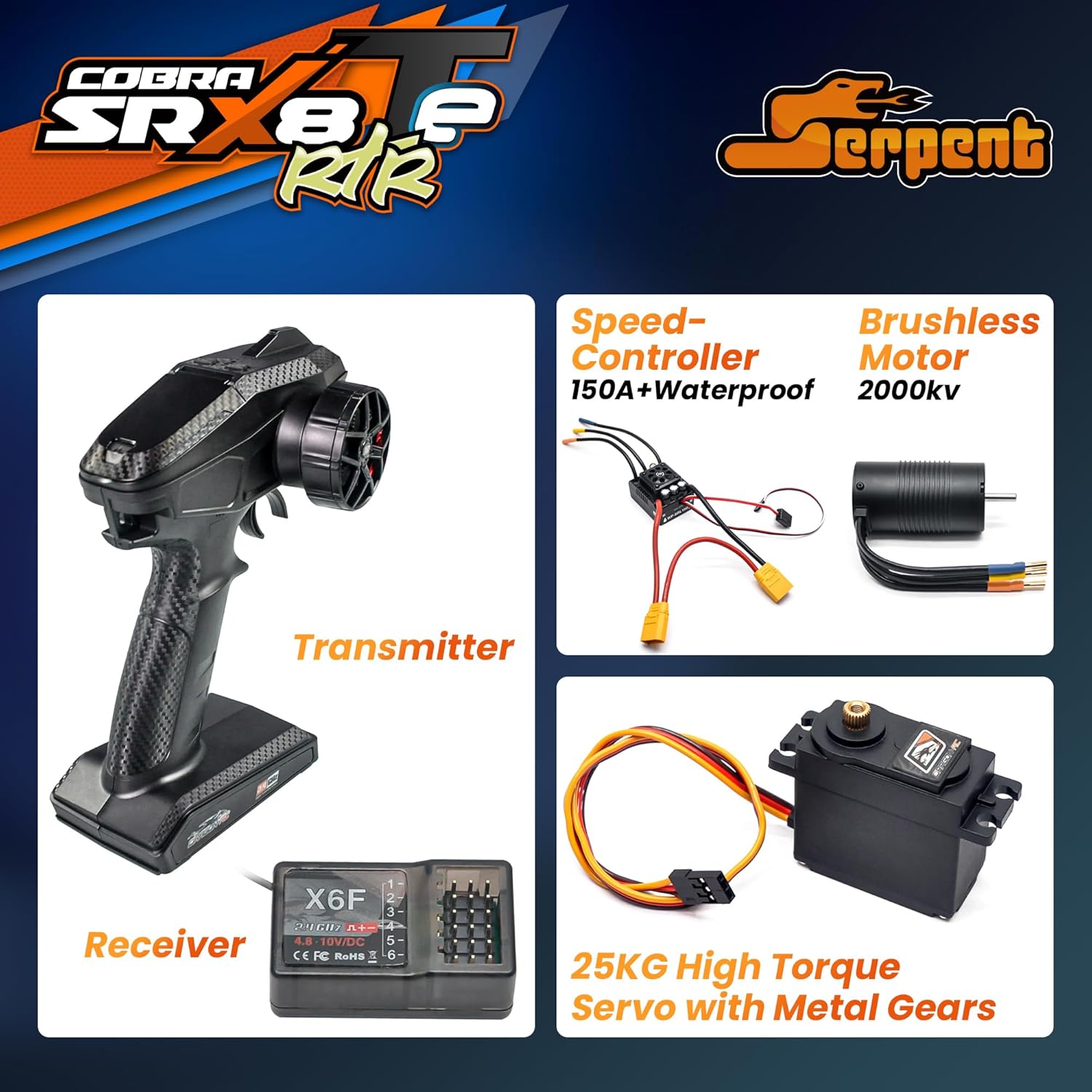 Serpent New Version 1/8 Off-Road Truggy-e RTR, High Speed, Long Life, High-Performance Electric Truggy Kit, Battery and Charger Excluded (Orange)