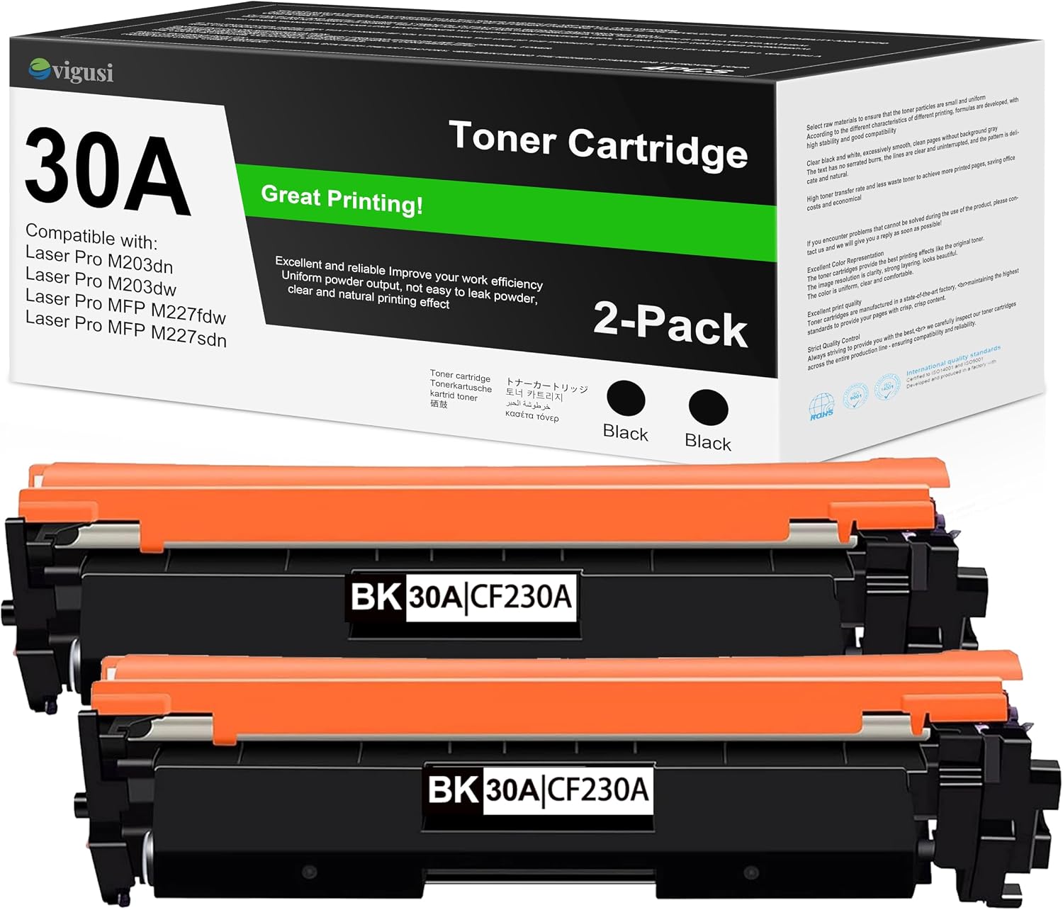 30A Black Toner Cartridge Replacement for HP 30A CF230A 30X CF230X M227fdw Pro MFP M203dw M227fdn M203dn M227sdn M203d M227 M203 Series Printer(Black,2-Pack)