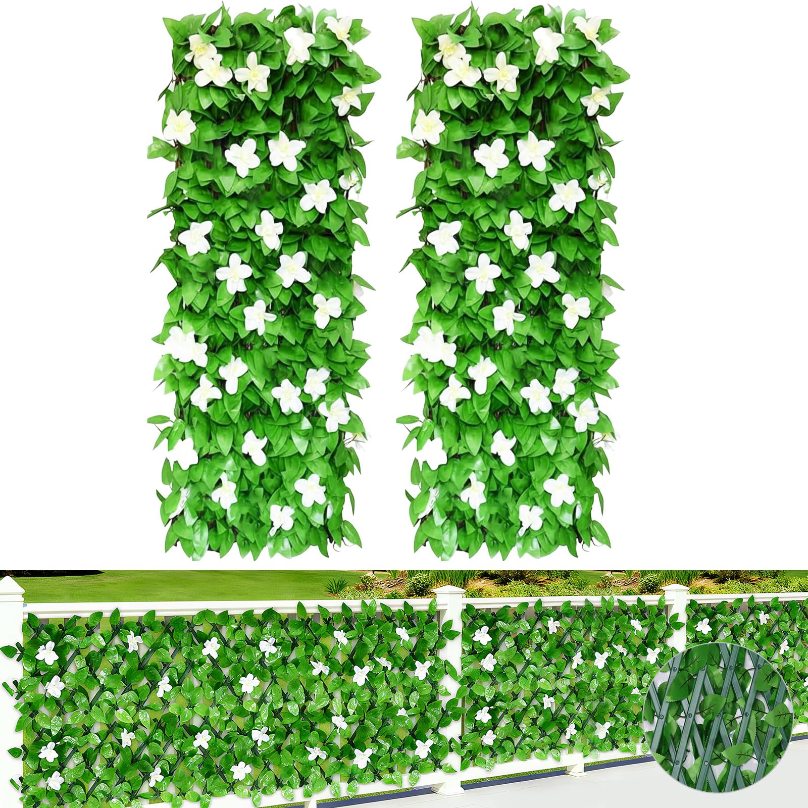 2Pcs Artificial Ivy Fence Screening, (40x20cm to 28x200cm) Expandable Garden Trellis Panel, Artificial Hedge Screening with White Orchid, Privacy Fence Screen for Garden Balcony Outdoor Decor