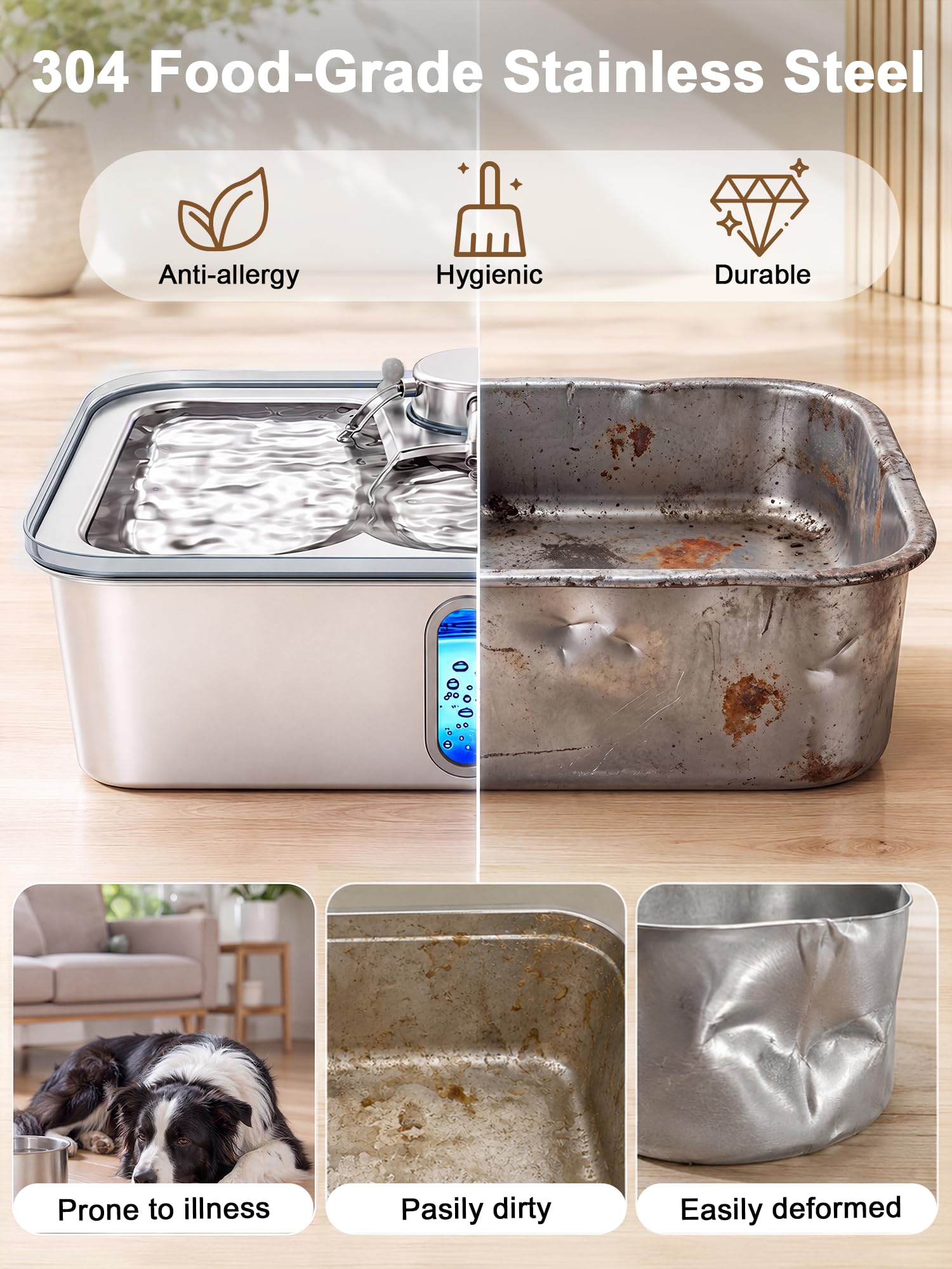 Kastty Fontaine à eau pour chien de 17 L, grande capacité en acier inoxydable, distributeur automatique silencieux avec lumière LED, facile à nettoyer pour grands chiens et animaux multiples FS84