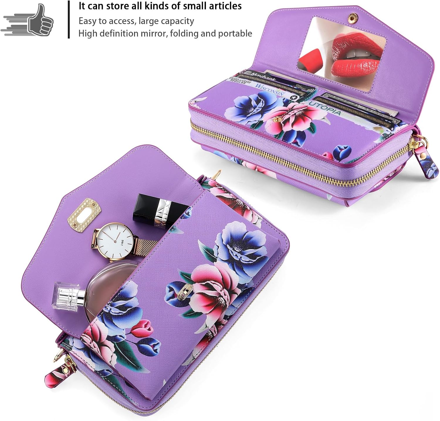 Phone Case for Samsung Galaxy S25 Ultra 5G Zipper Wallet Crossbody Magnetic Detachable Floral PU Leather with Card Holder RFID Blocking Wristlet Mirror S25Ultra 25S S 25 25Ultra 6.9 2025 Women Purple