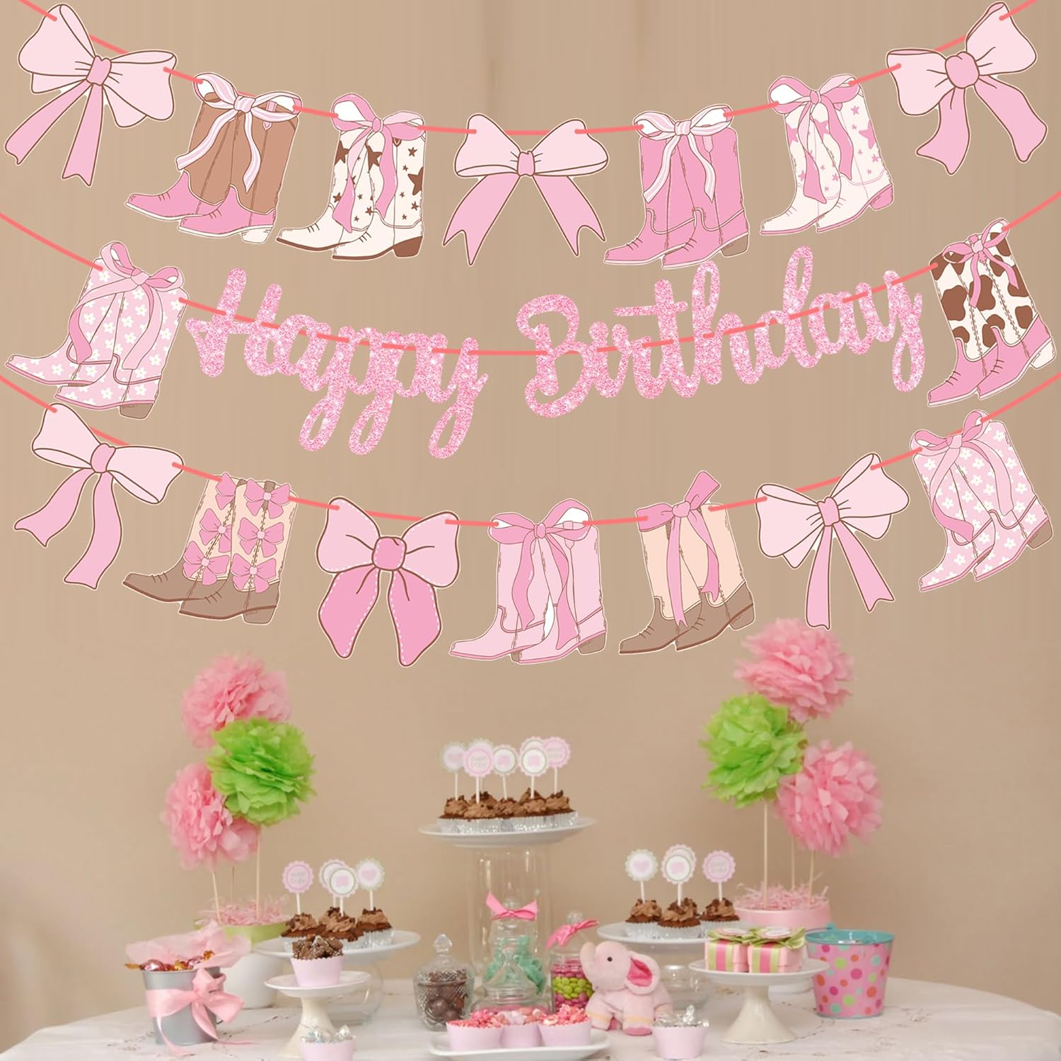 Coquette Cowgirl Birthday Banners Western Cowgirls Decorations 3PCS Boots and Bows Banner Glitter Pink Coquette Bows Birthday Decor for Girls Western Theme Baby Shower Supplies - Image 8