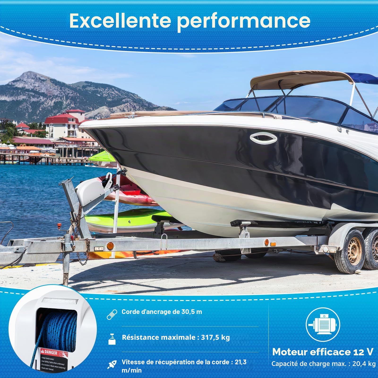 Guindeau d'ancrage électrique avec télécommande 12V, guindeau électrique pour bateau, 100FT de longueur de la corde d'ancrage, vitesse de récupération de la corde de 70 ft/min