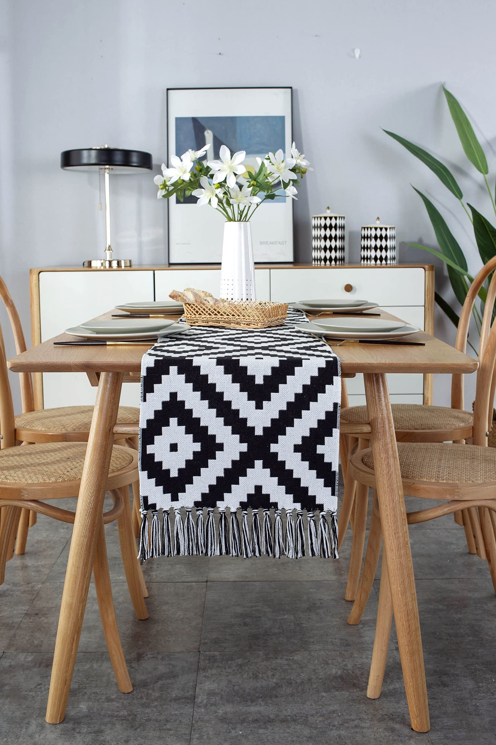KnBoB Katoen linnen beige grijs geometrisch puzzelpatroon met kwasten