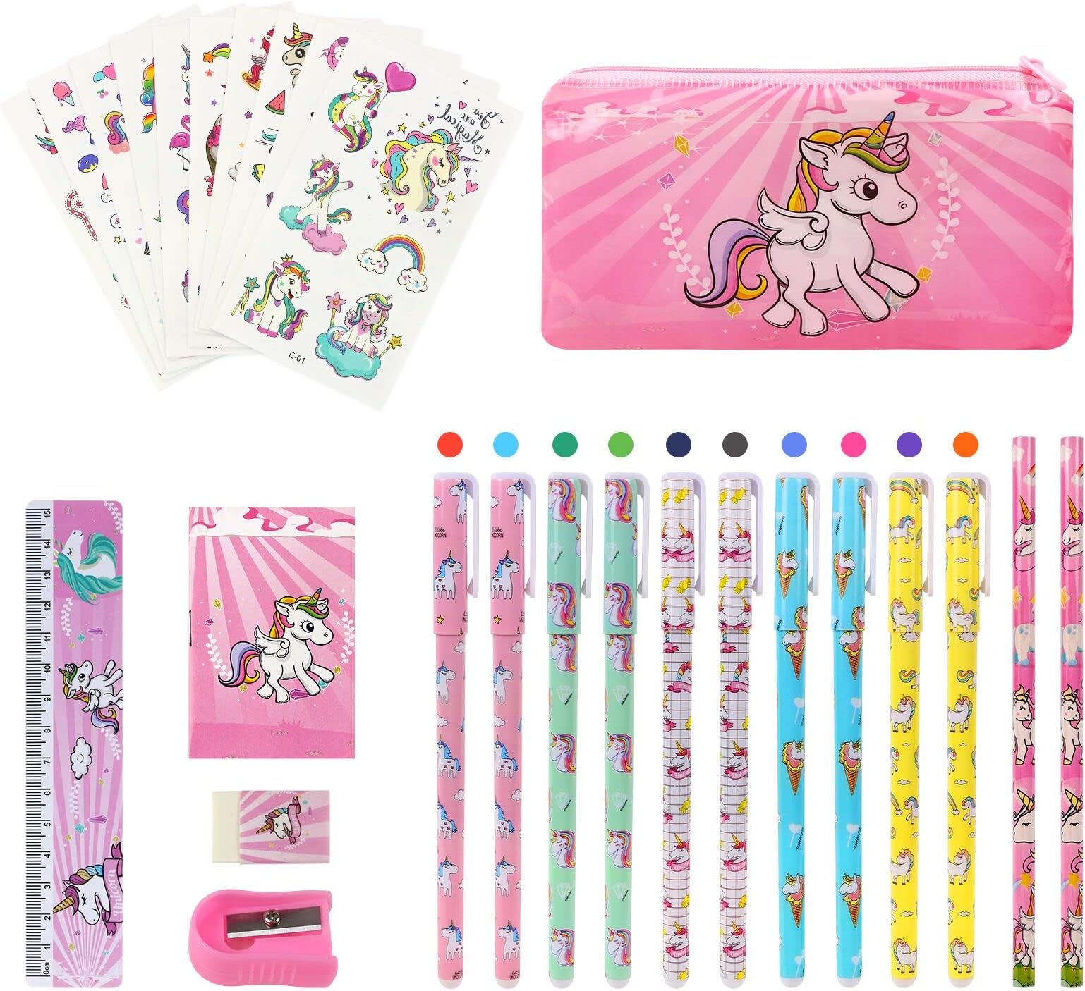 Unicorn Gift for Girls, 27Pcs Unicorn Stationery Set School Supplies with Waterproof PVC Pencil Case, Notebook, Pens, Pencils, Sharpener, Eraser, Ruler, Unicorn Tatto Toys Gift Sets