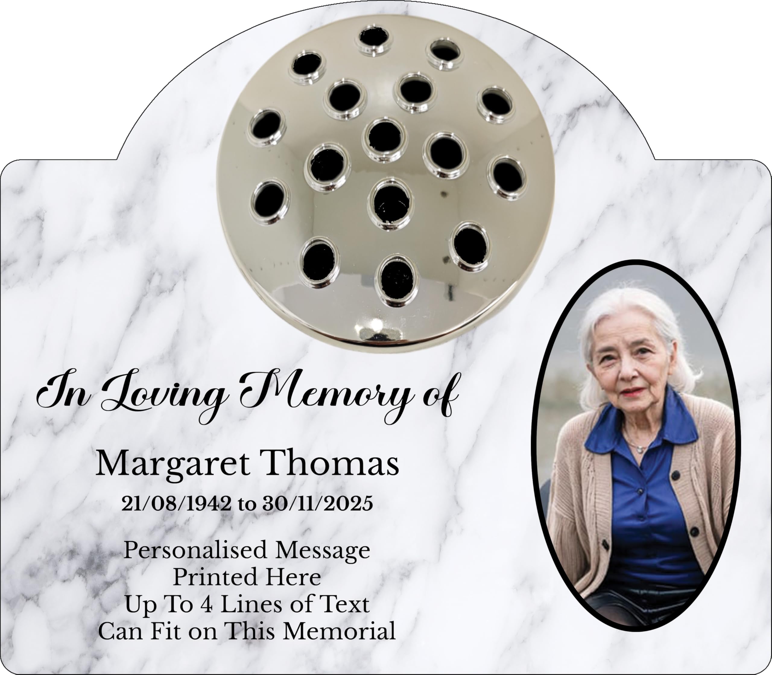 1stclassgifts Personalised Metal Grave Stone Marker Headstone Memorial Plaque, In Memory Sign Remembrance Your Photo Grave Vase Flower Holder (UV PRINTED) (White Marble, Silver Lid)